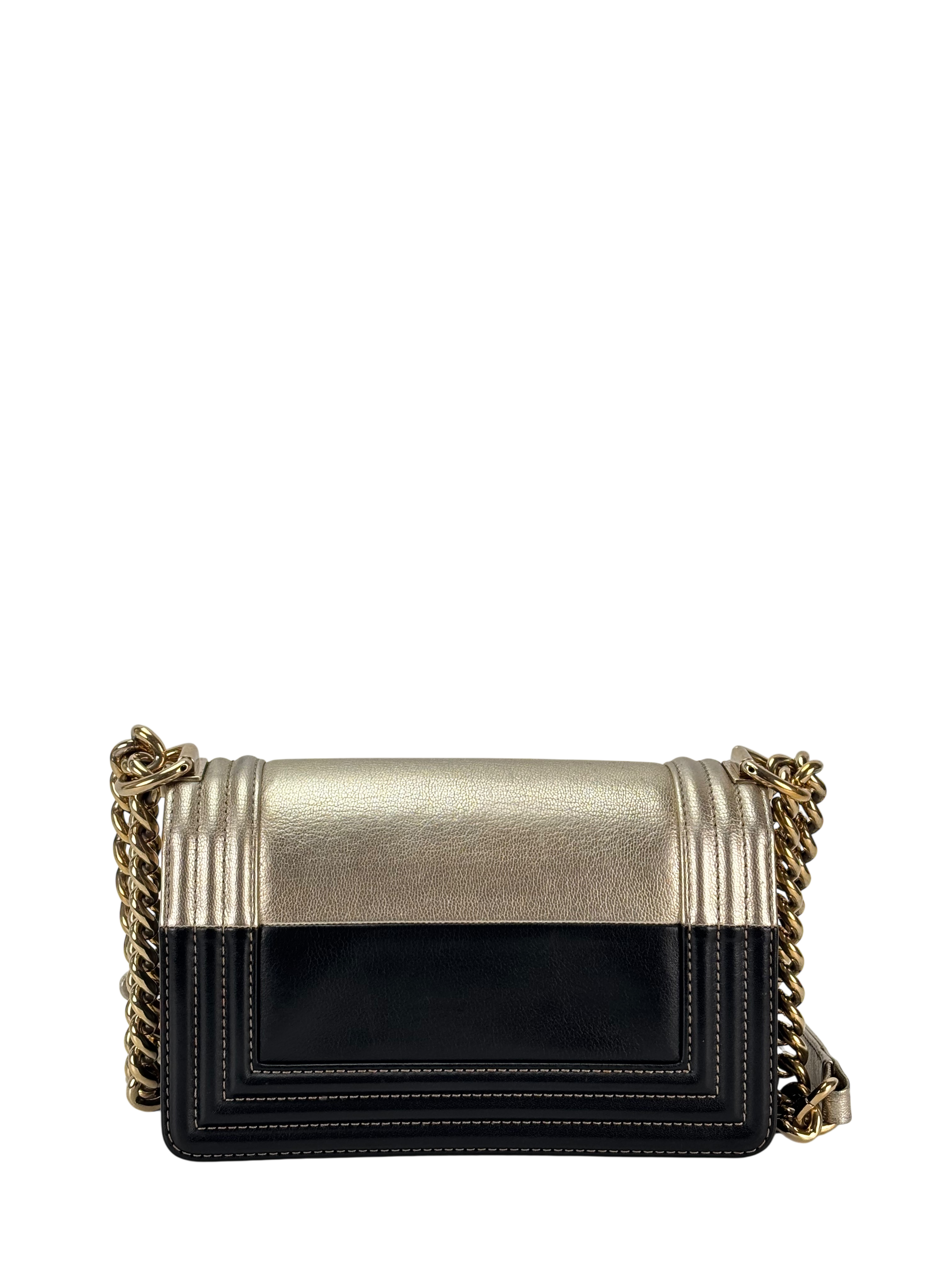 CHANEL - Medium Boy Flap Bag Black Gold Lambskin Metallic Goatskin Sliver Hardware