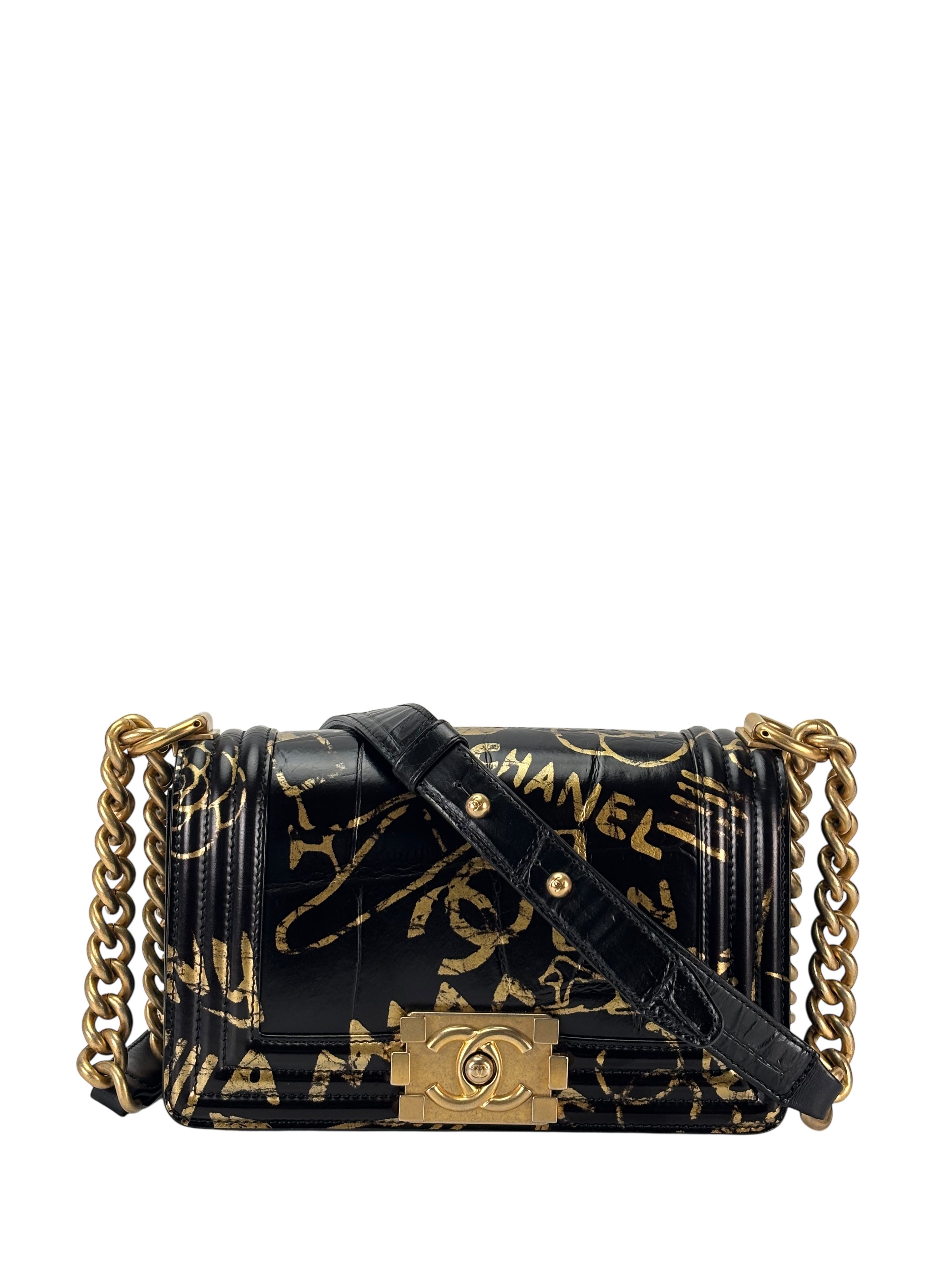 CHANEL - Small Boy Flap Bag Crocodile Embossed Graffiti Black Lambskin Gold Hardware