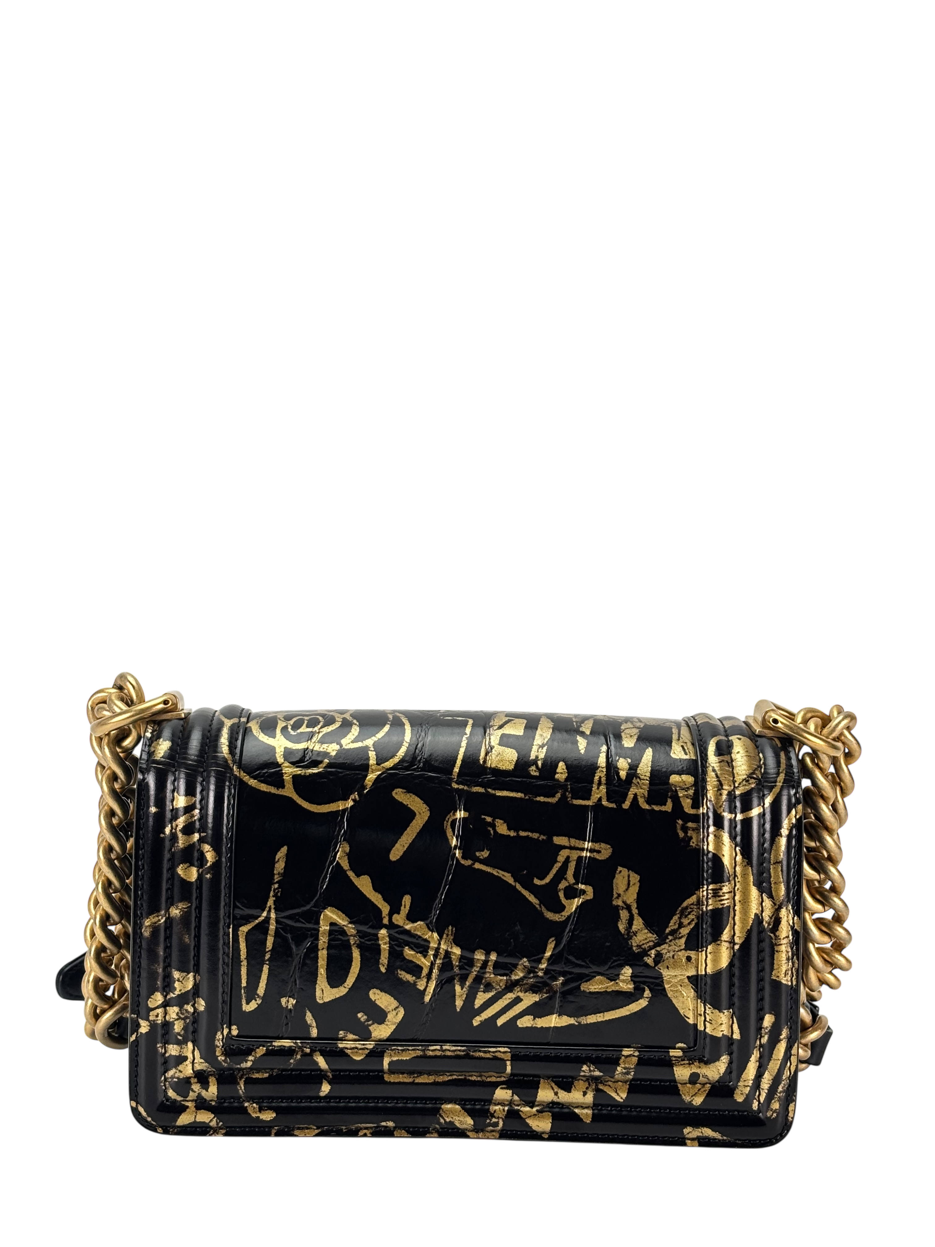 CHANEL - Small Boy Flap Bag Crocodile Embossed Graffiti Black Lambskin Gold Hardware