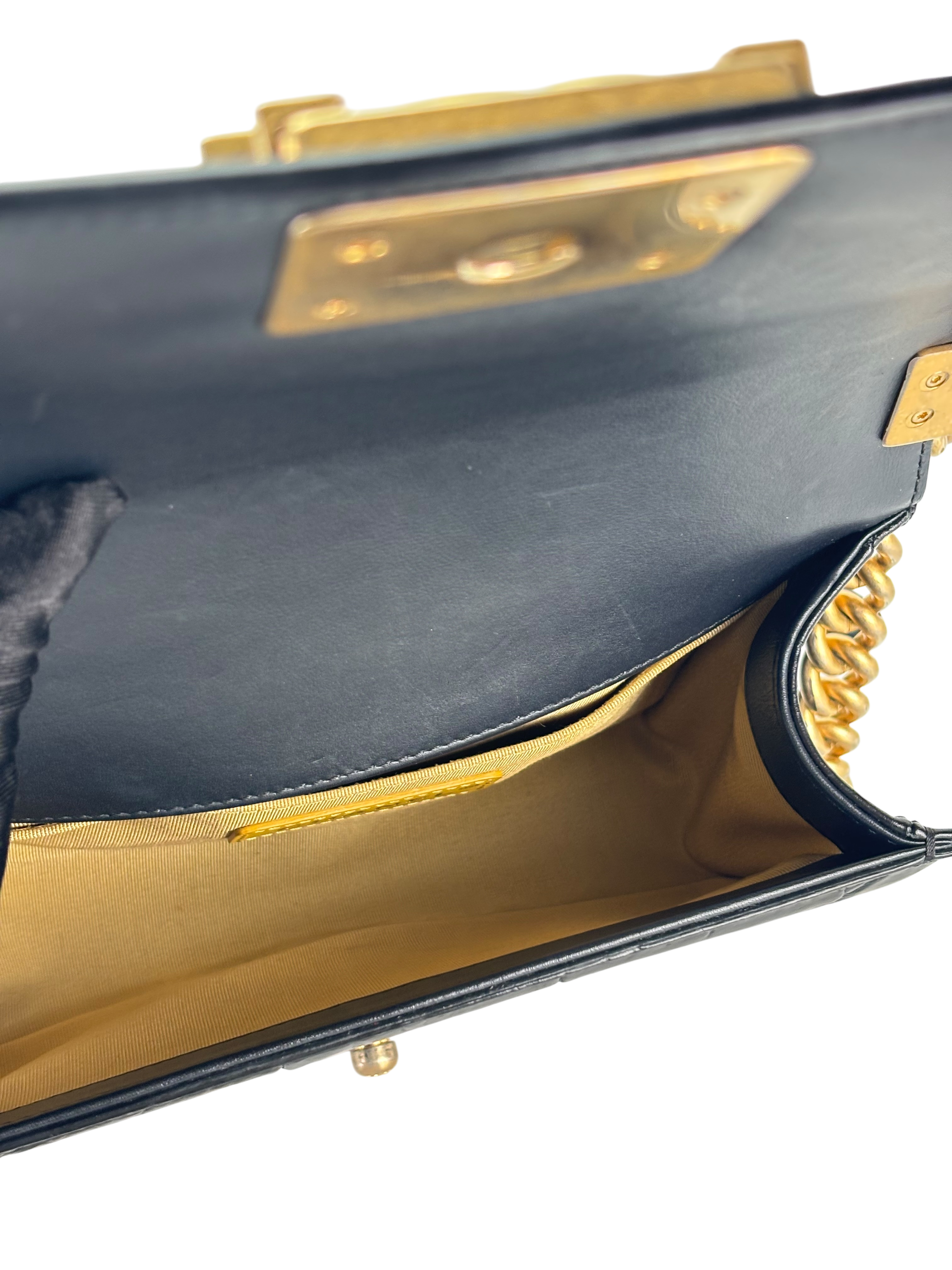 CHANEL - Small Boy Flap Bag Crocodile Embossed Graffiti Black Lambskin Gold Hardware