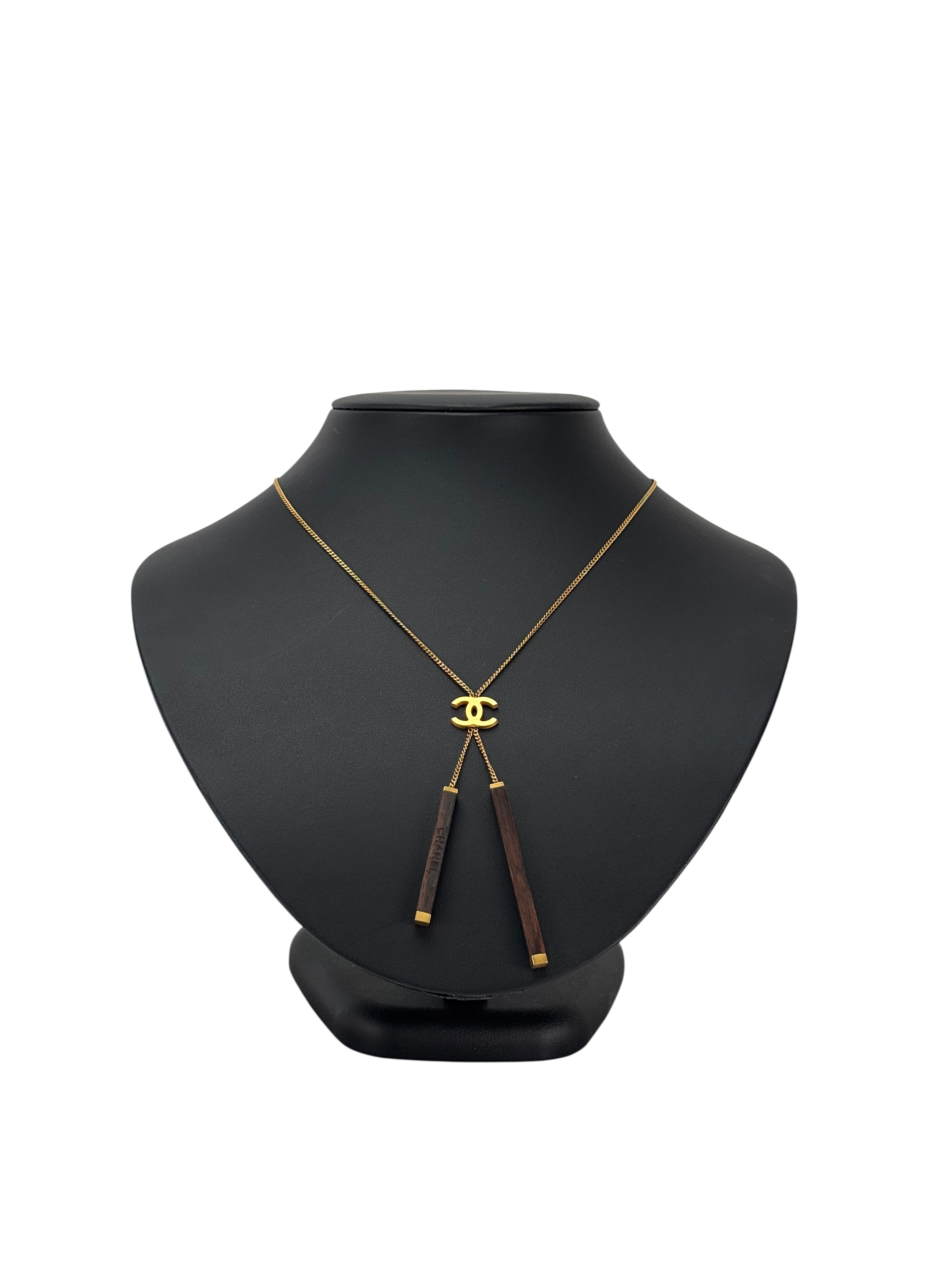 CHANEL - 01A Gold Coco Mark Wood Bar Necklace