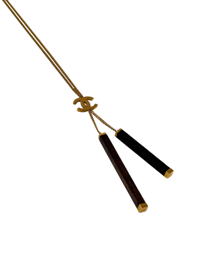 CHANEL - 01A Gold Coco Mark Wood Bar Necklace