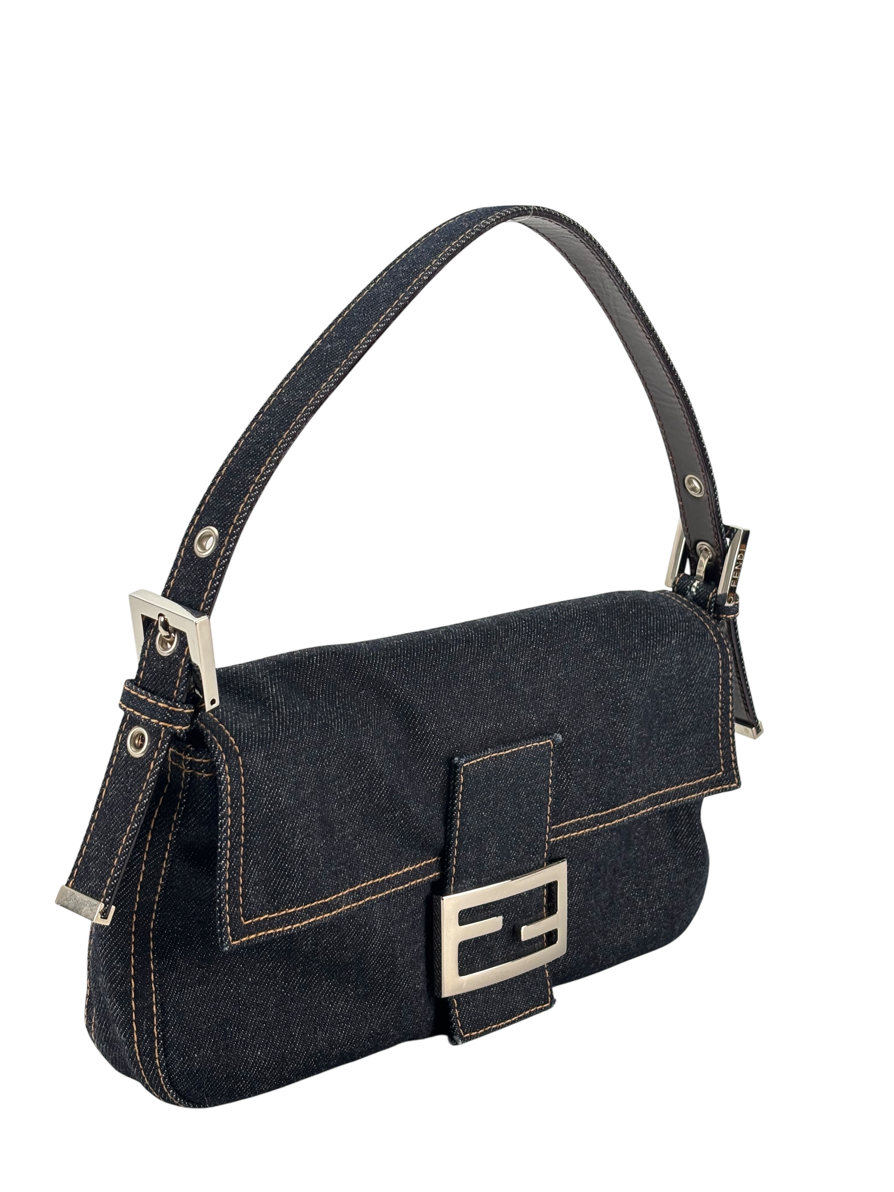 FENDI - Small Mamma Baguette Bag Denim Navy Sliver Hardware