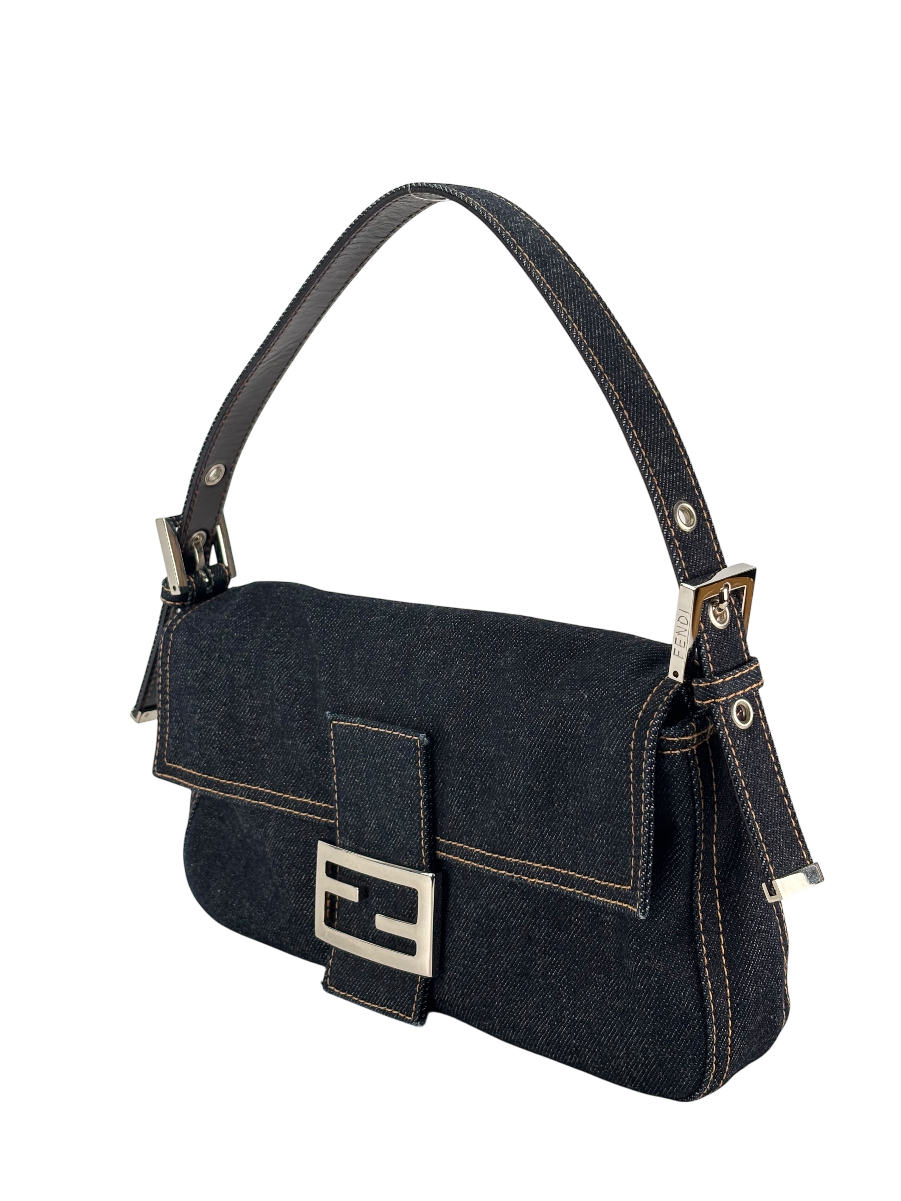 FENDI - Small Mamma Baguette Bag Denim Navy Sliver Hardware