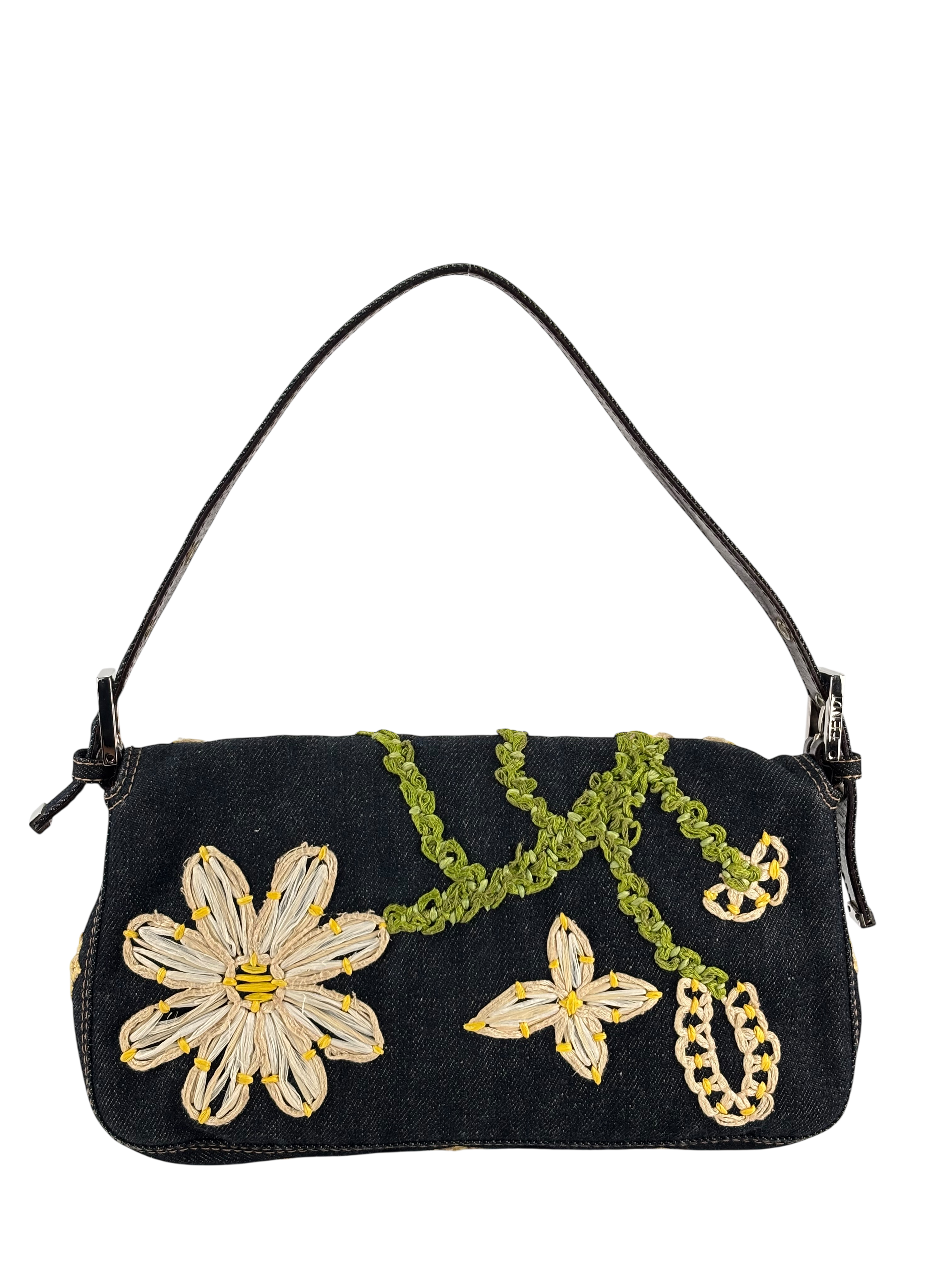 FENDI - Small Mamma Baguette Bag Denim Flower Navy