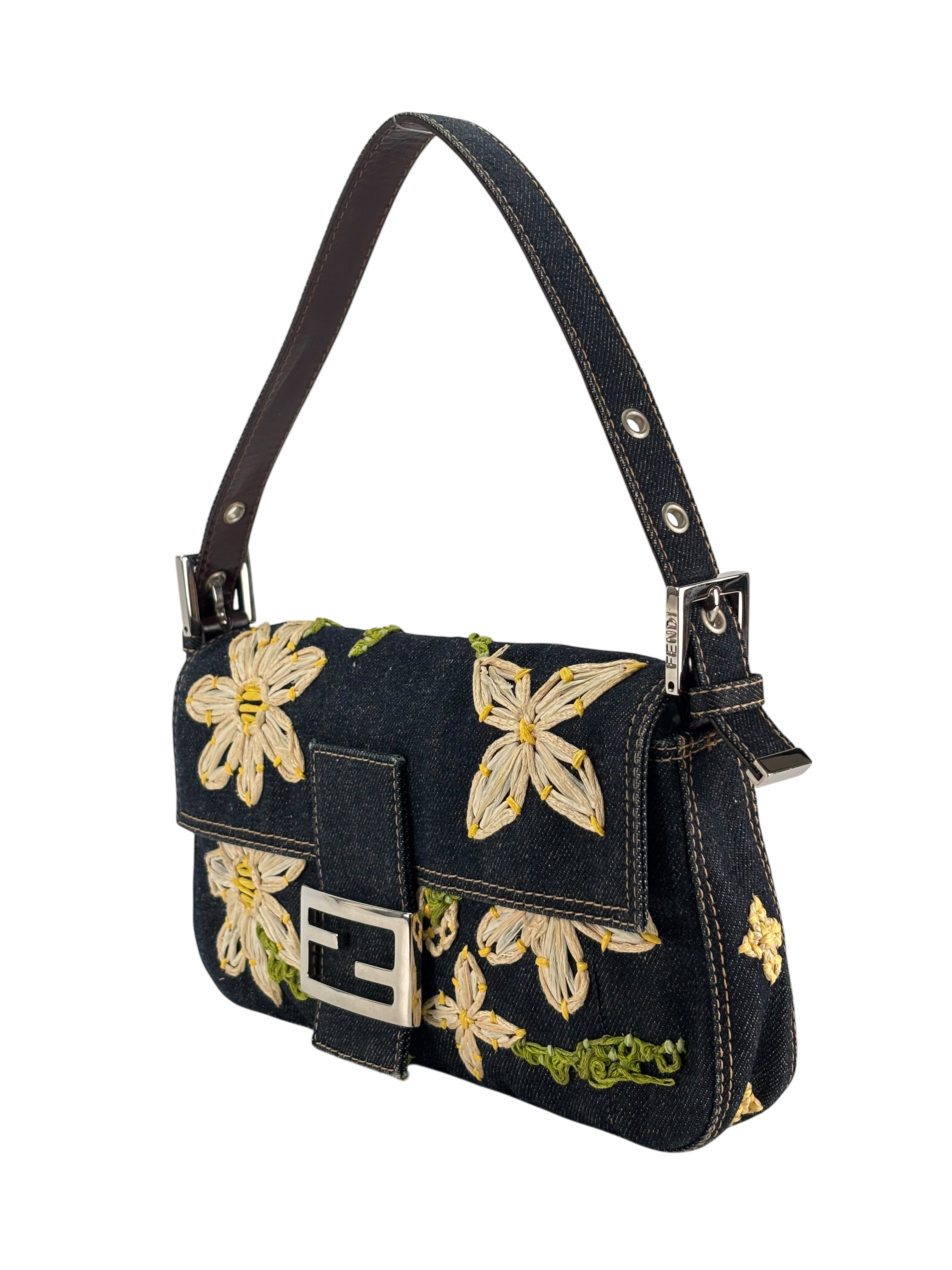 FENDI - Small Mamma Baguette Bag Denim Flower Navy