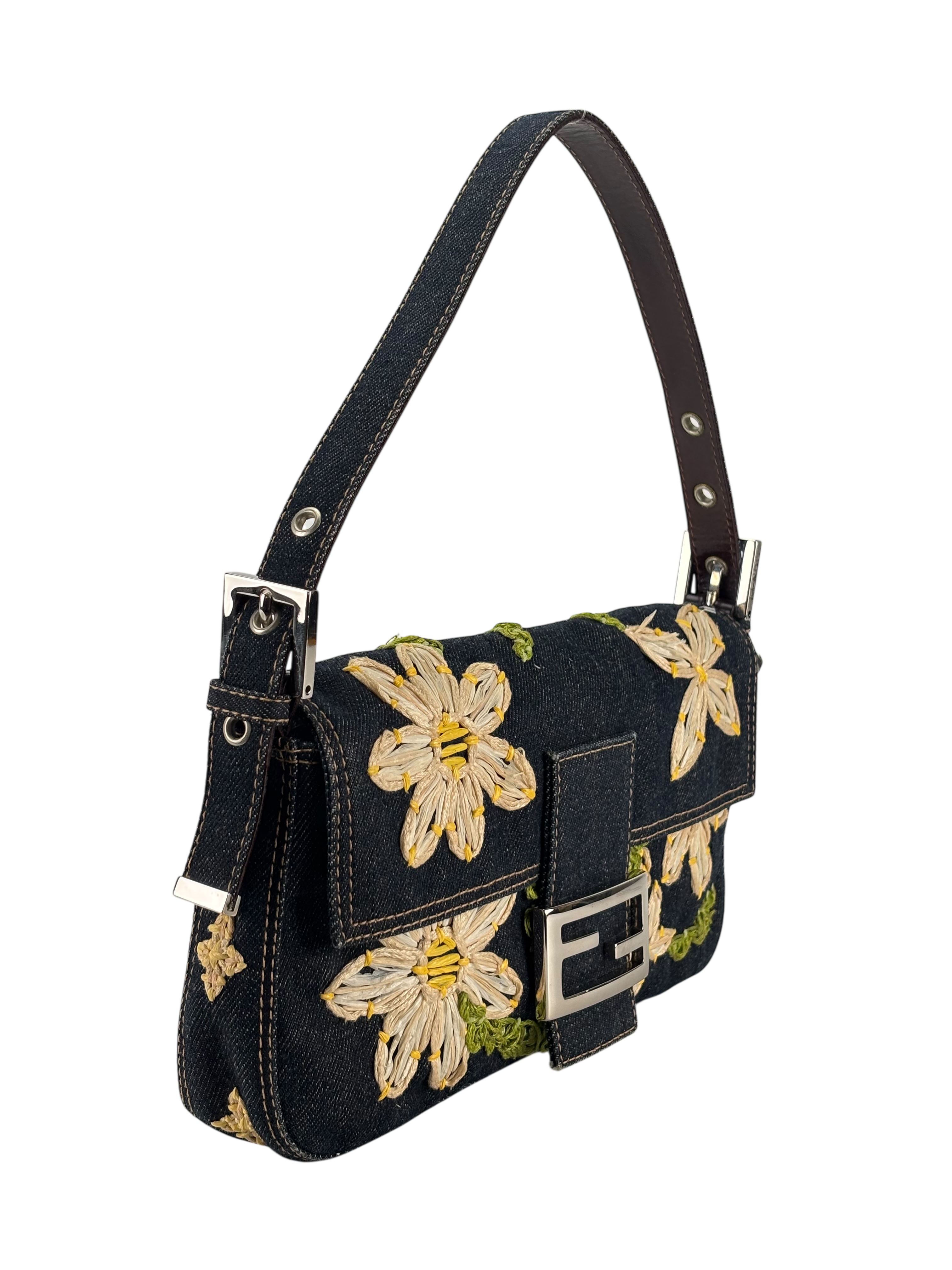 FENDI - Small Mamma Baguette Bag Denim Flower Navy