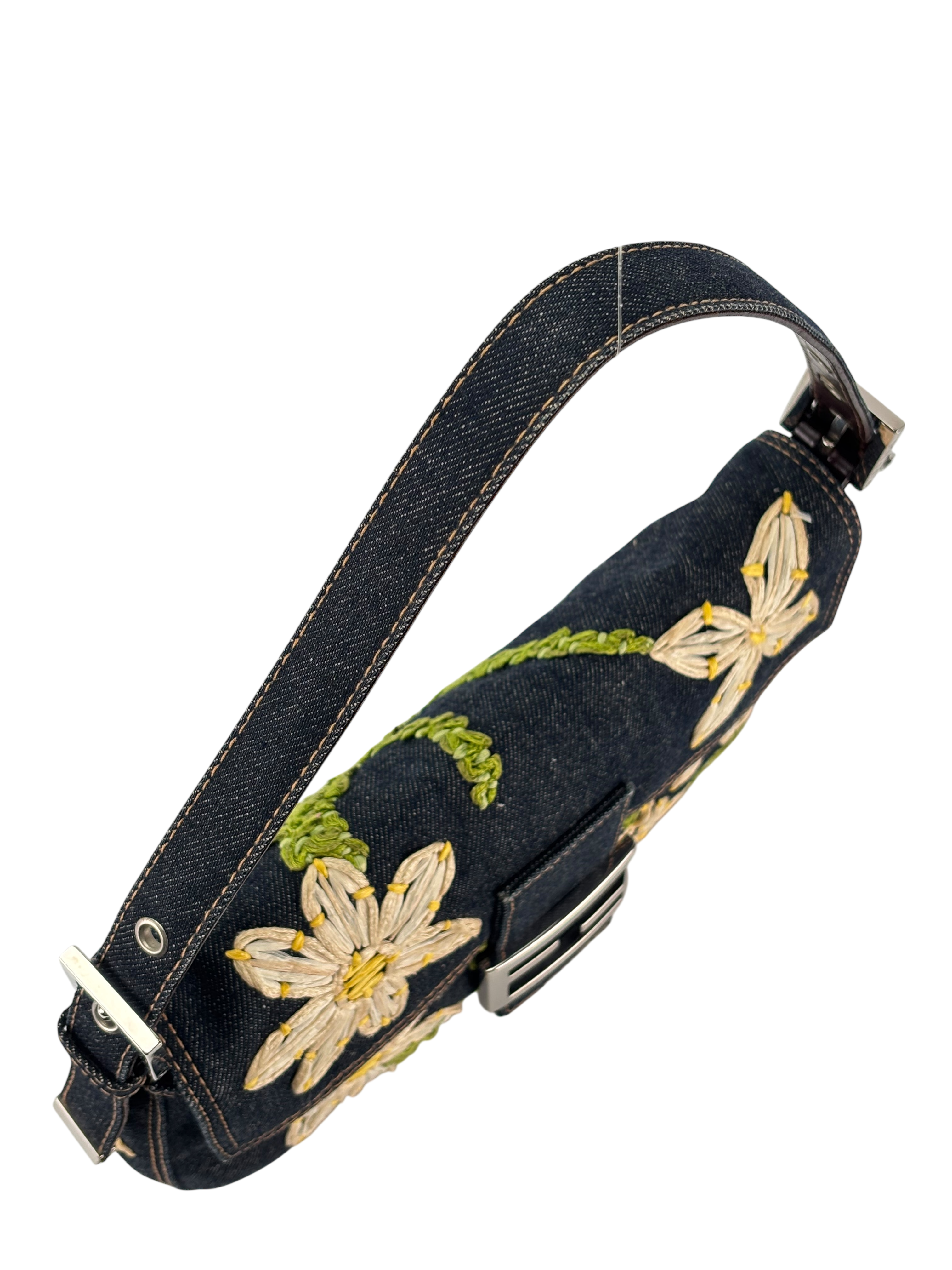 FENDI - Small Mamma Baguette Bag Denim Flower Navy