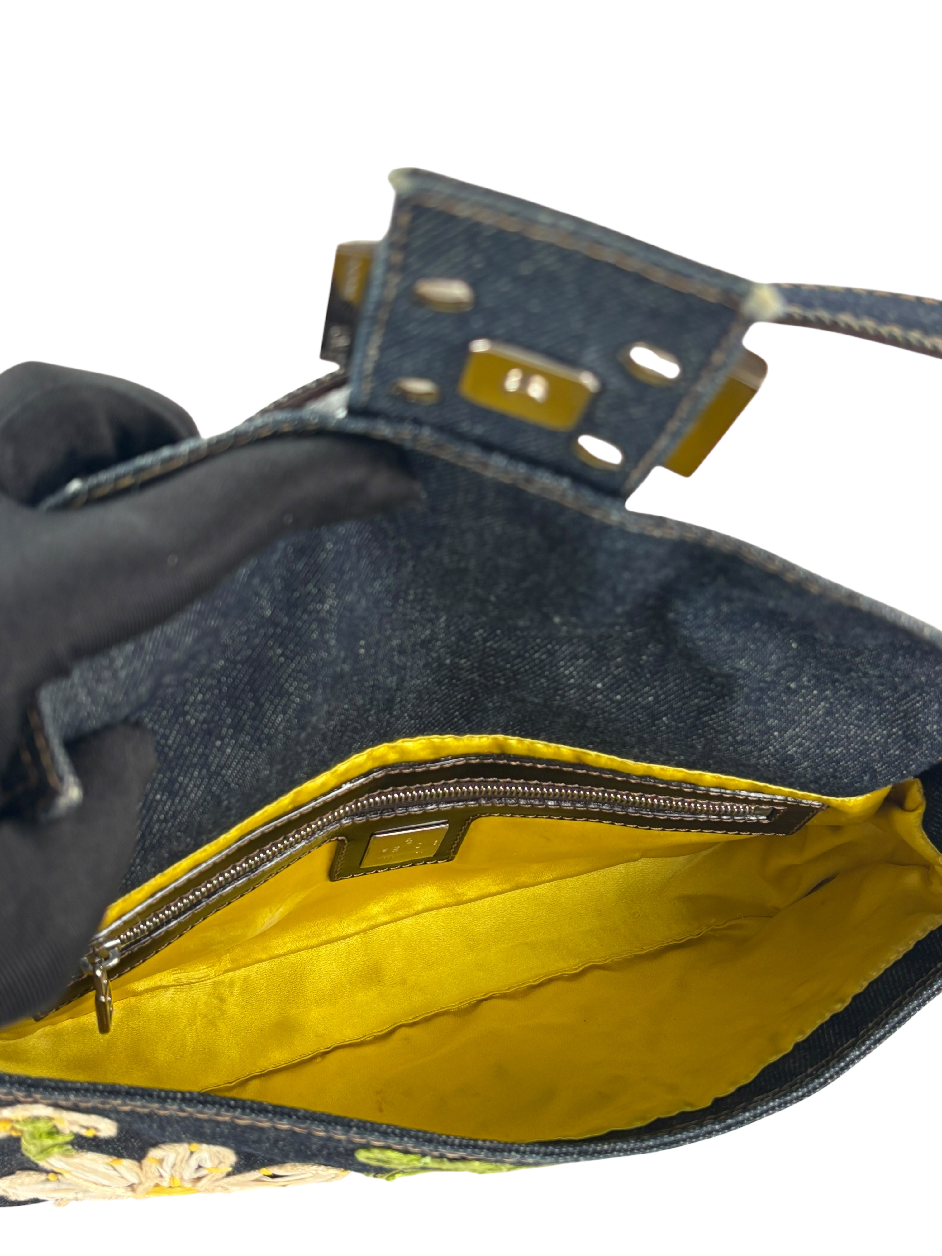 FENDI - Small Mamma Baguette Bag Denim Flower Navy