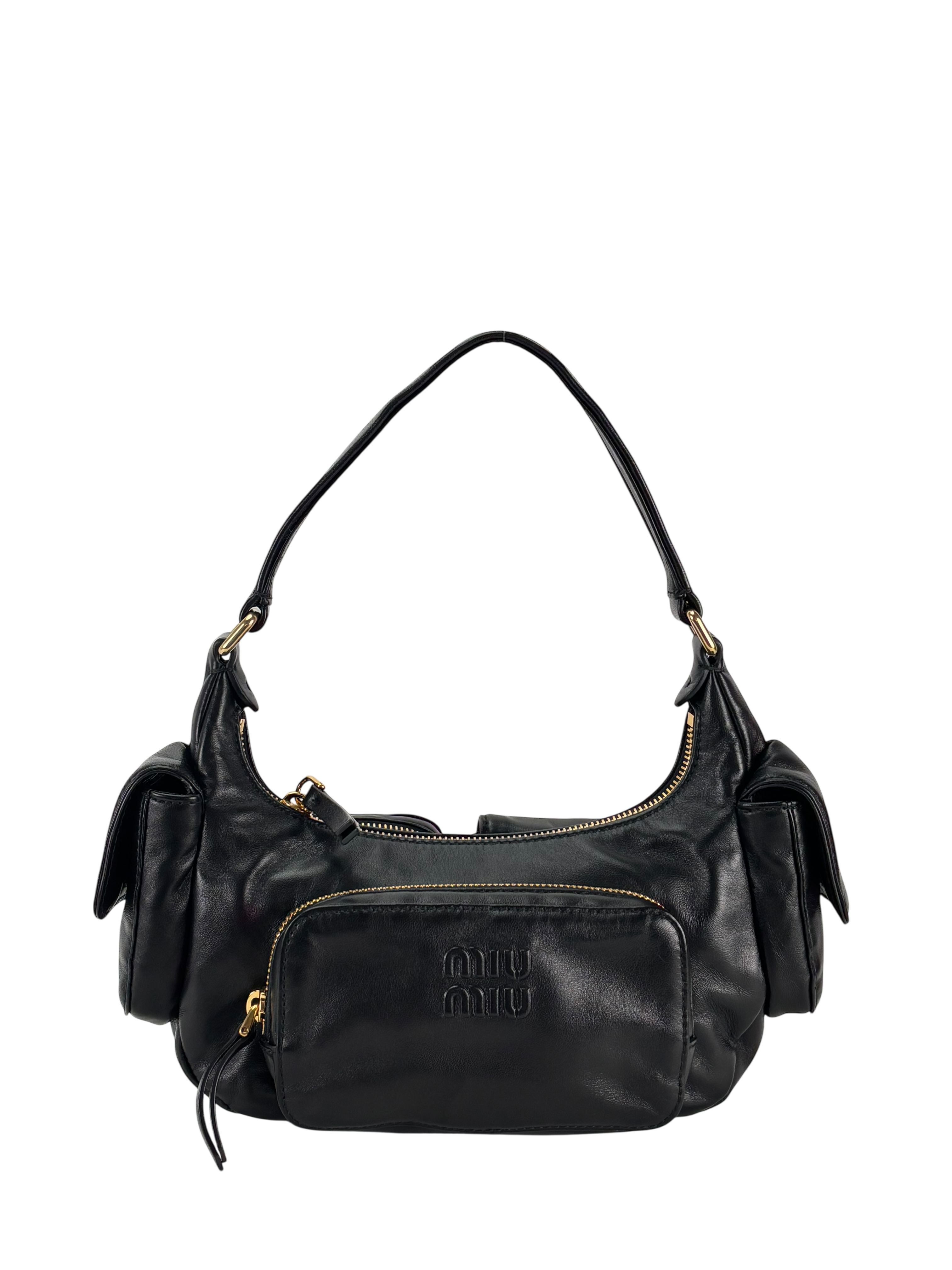 MIUMIU - Black Lambskin Pocket Leather Handbag 