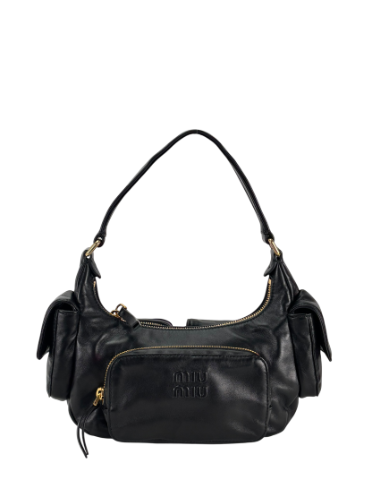 MIUMIU - Black Lambskin Pocket Leather Handbag 