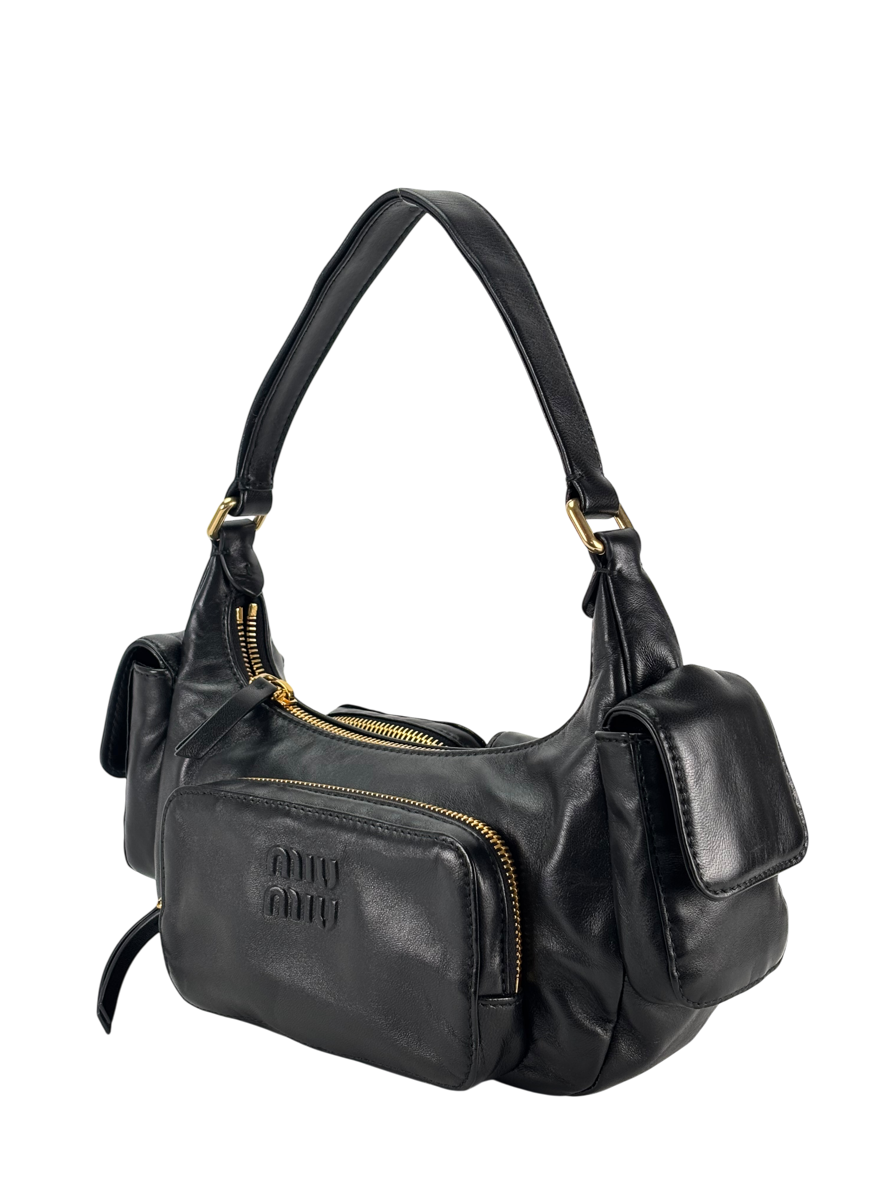 MIUMIU - Black Lambskin Pocket Leather Handbag 