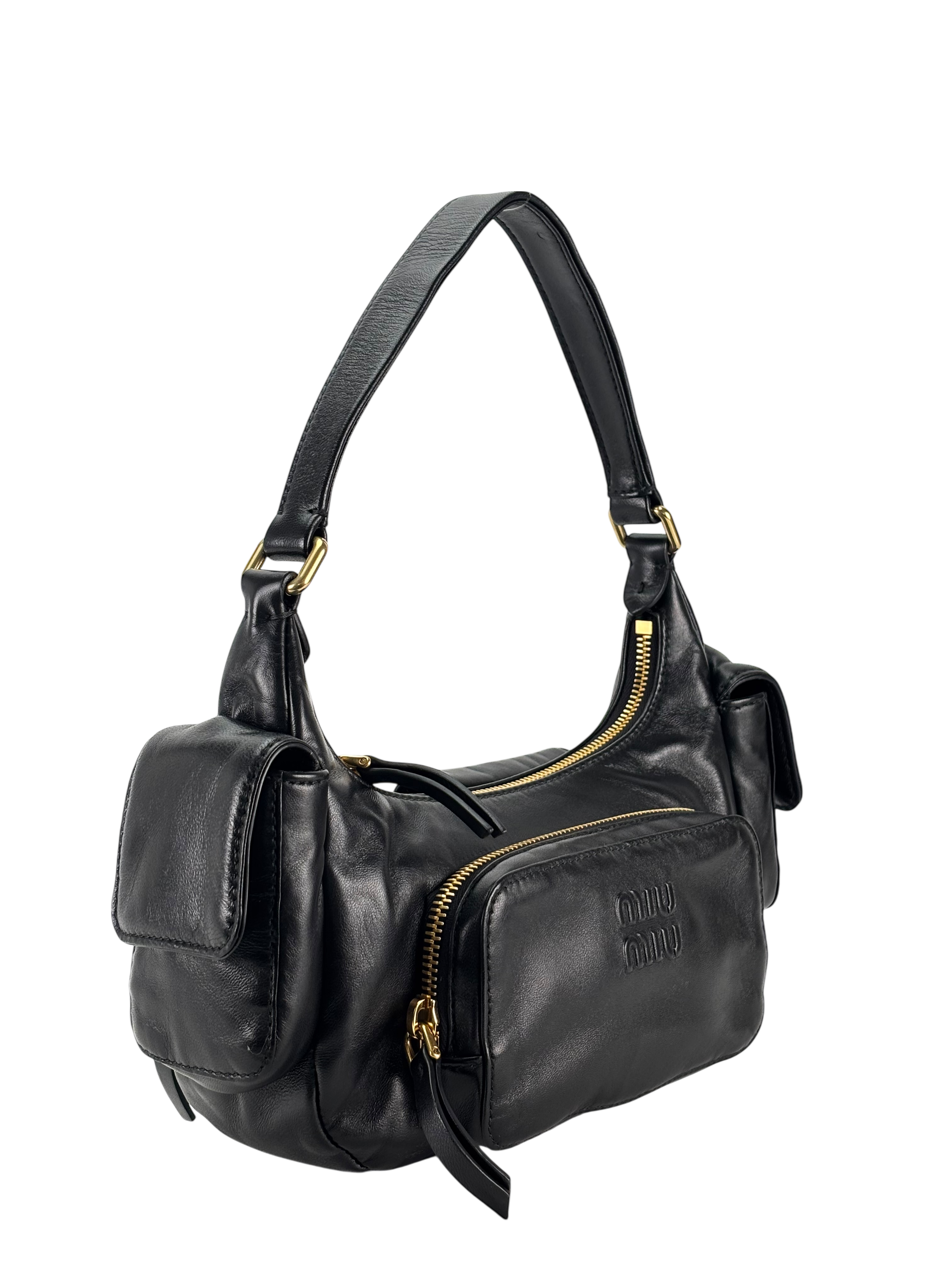 MIUMIU - Black Lambskin Pocket Leather Handbag 