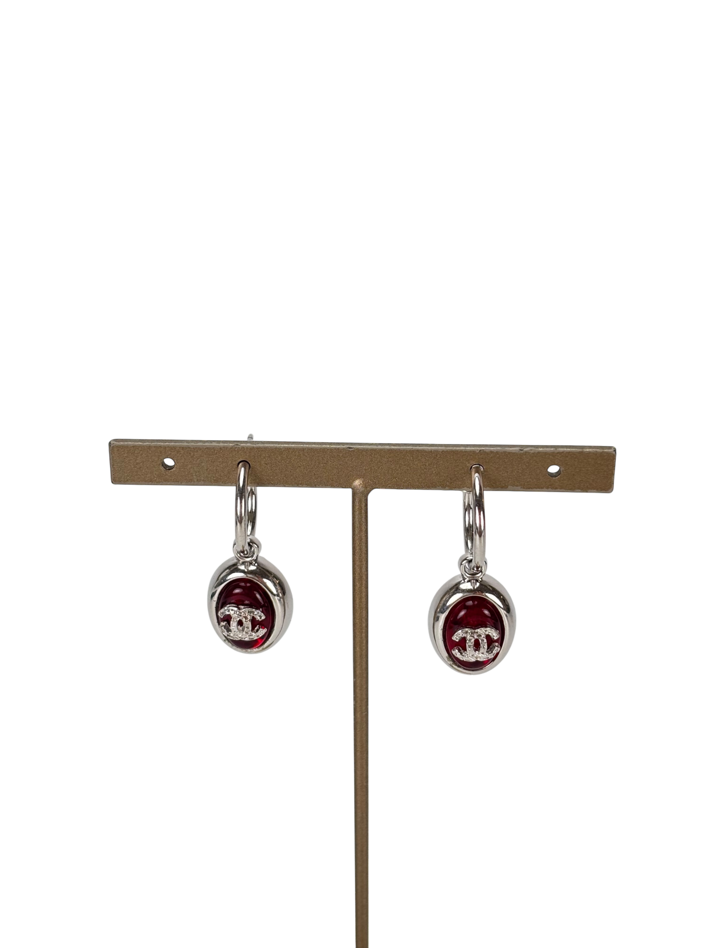 CHANEL - 00A Red Gripoix CC Silver Stone Earrings