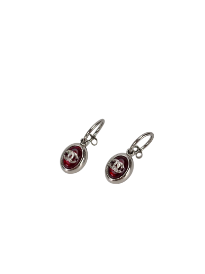 CHANEL - 00A Red Gripoix CC Silver Stone Earrings