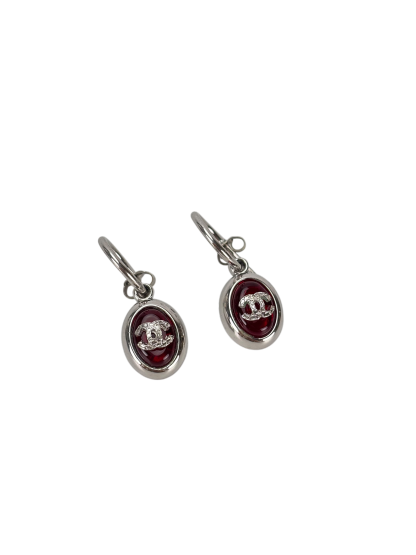 CHANEL - 00A Red Gripoix CC Silver Stone Earrings
