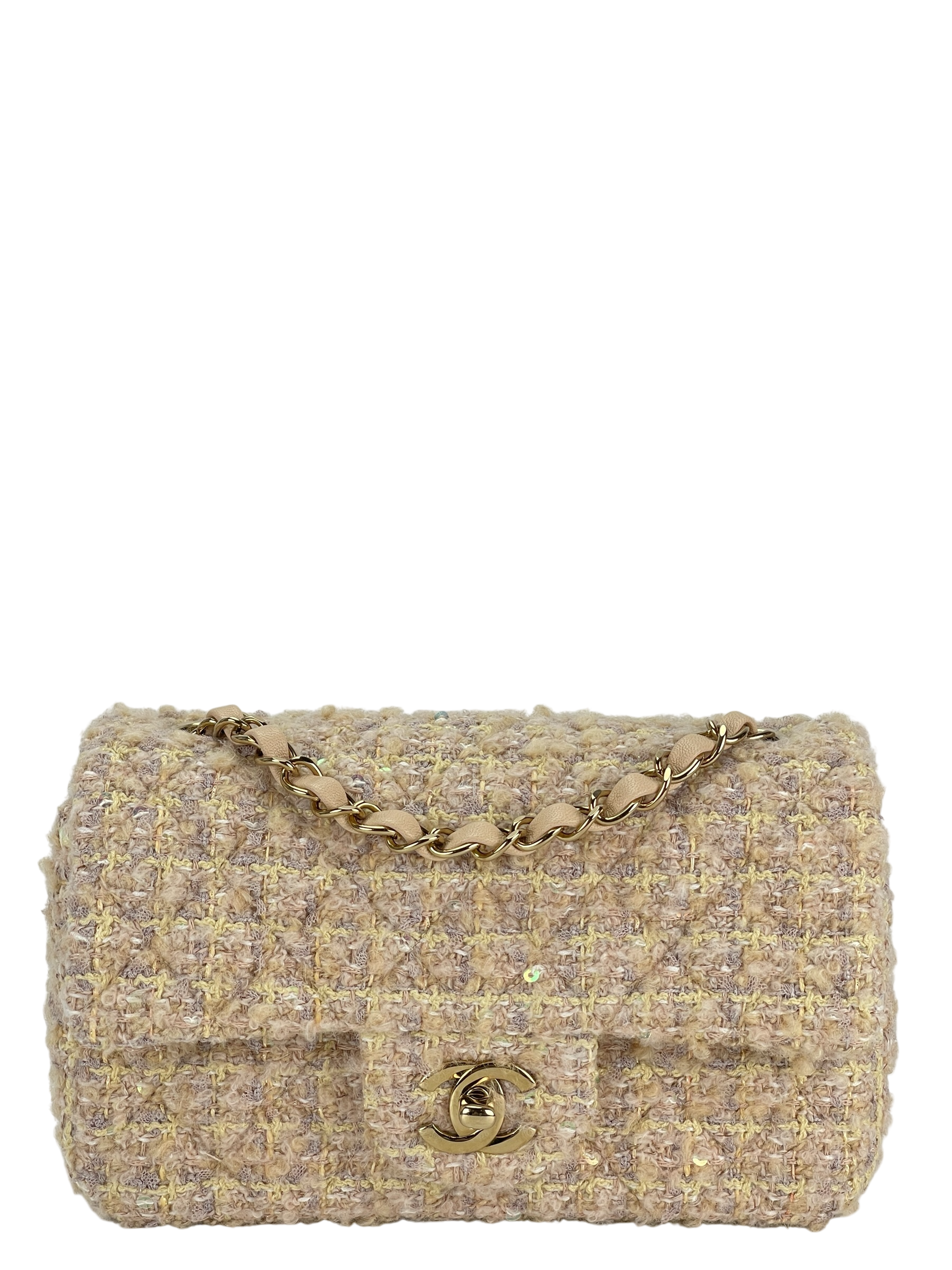 CHANEL - Mini Tweed Yellow Matelasse Classic Flap Bag