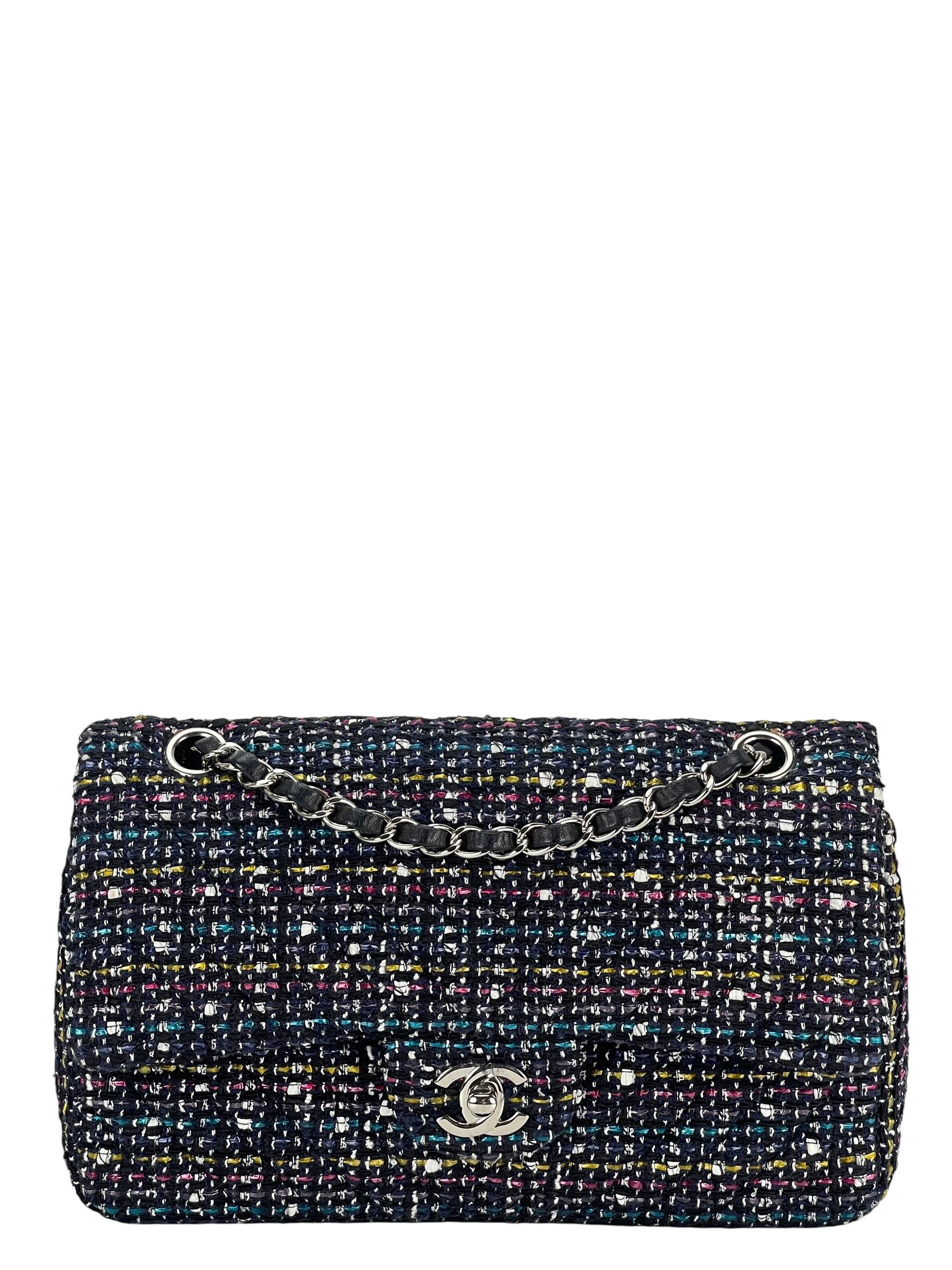 CHANEL -  Medium Tweed Blue Classic Double Chain Flap Bag