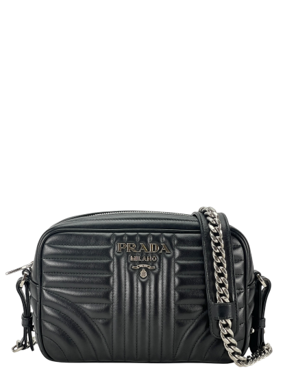 PRADA - Black Calfskin Soft Diagramme Camera Bag – Camellia
