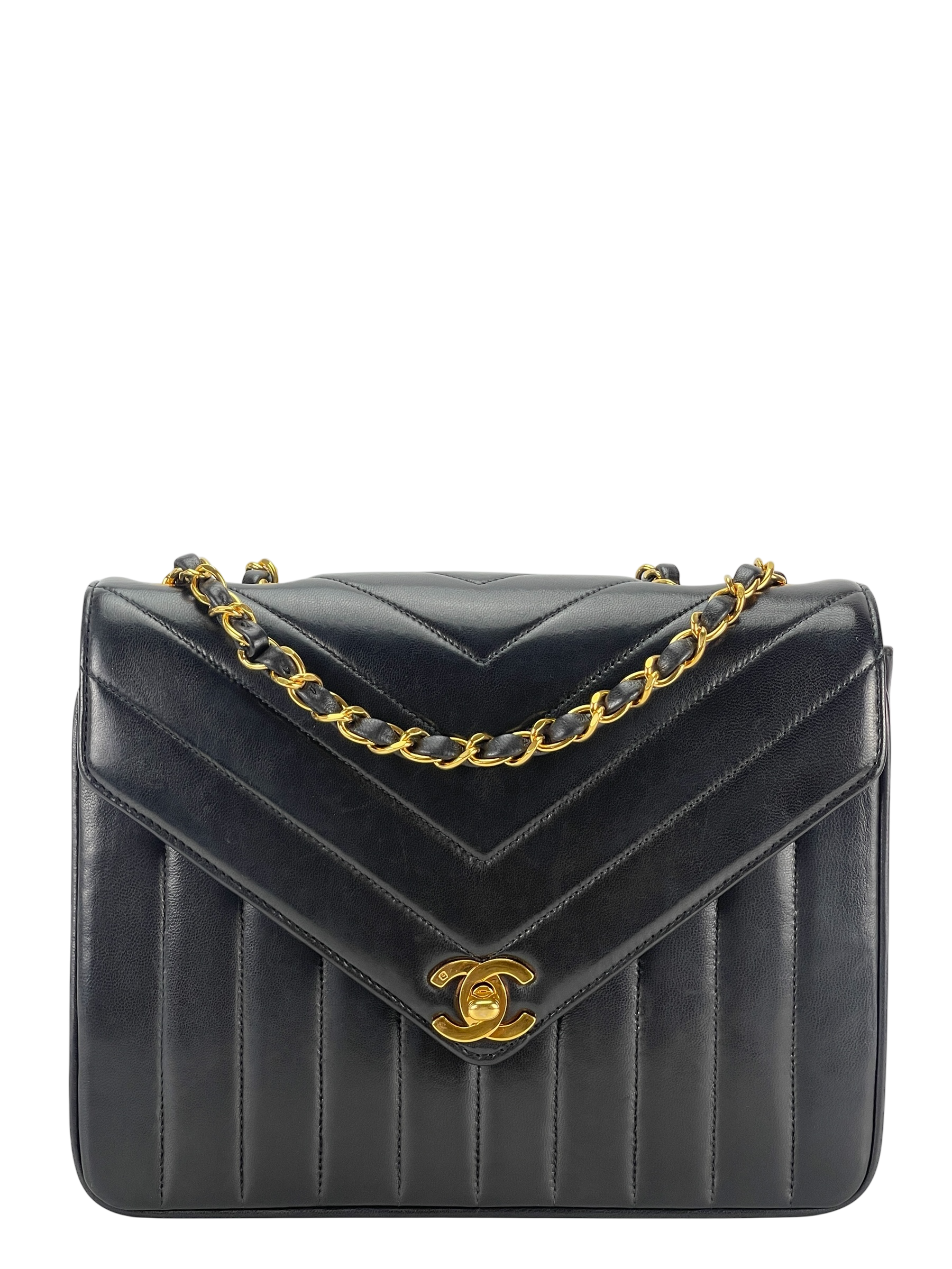 CHANEL - Lambskin Chevron Quilted Envelope Single Flap Black