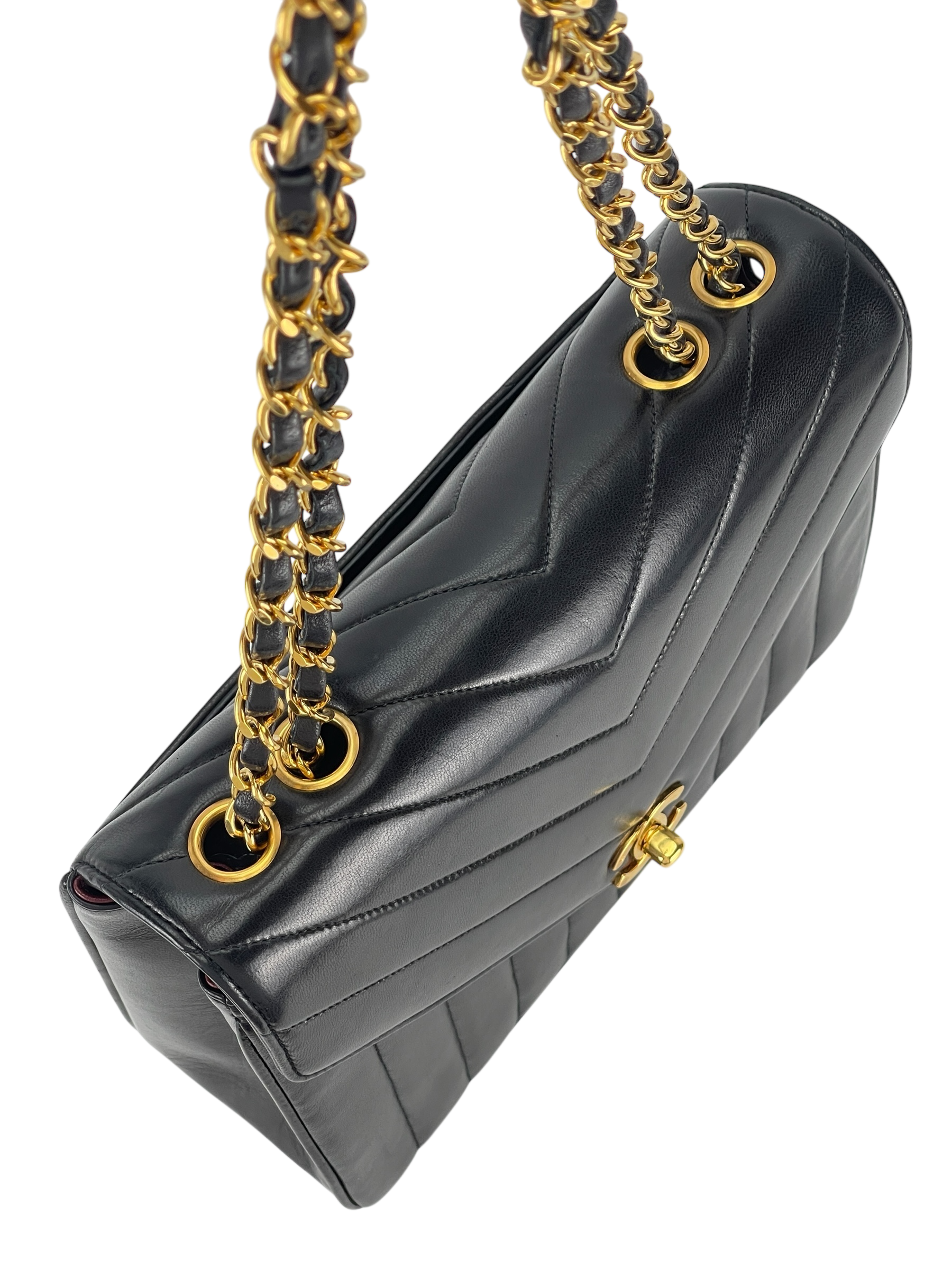 CHANEL - Lambskin Chevron Quilted Envelope Single Flap Black