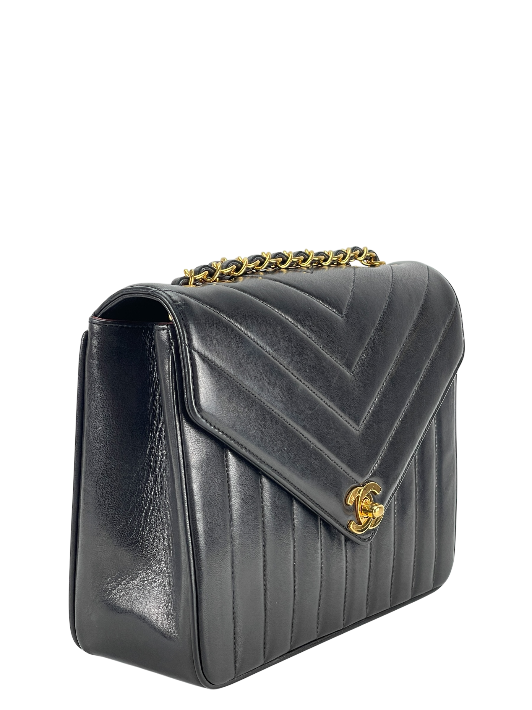 CHANEL - Lambskin Chevron Quilted Envelope Single Flap Black