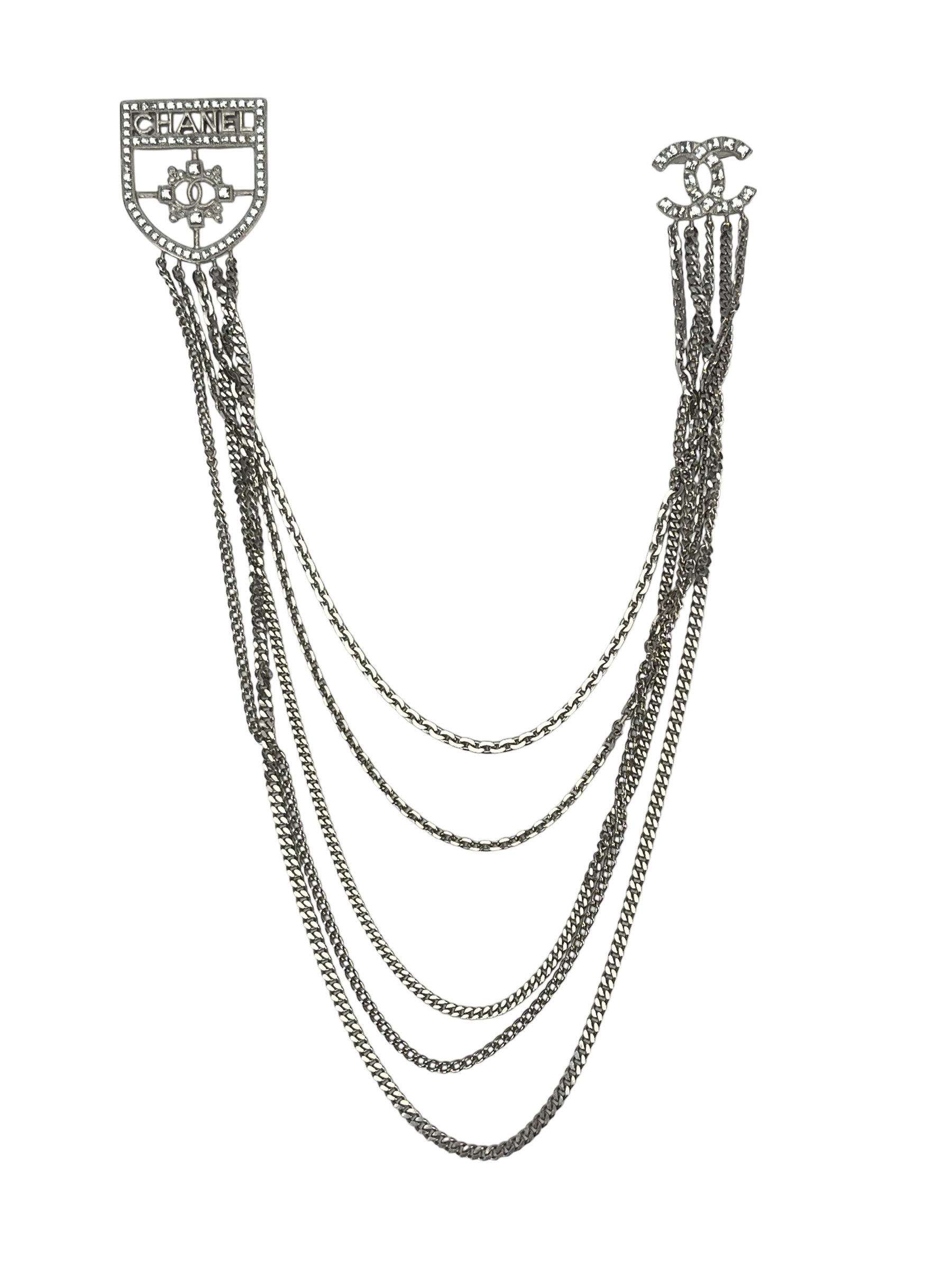 CHANEL - 15B Baguette Crystal CC Shield Multi Strand Long Chain Brooch Silver