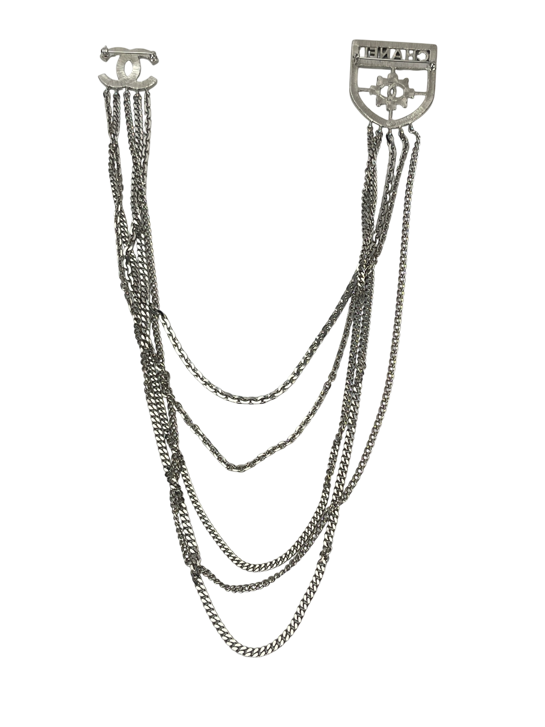 CHANEL - 15B Baguette Crystal CC Shield Multi Strand Long Chain Brooch Silver