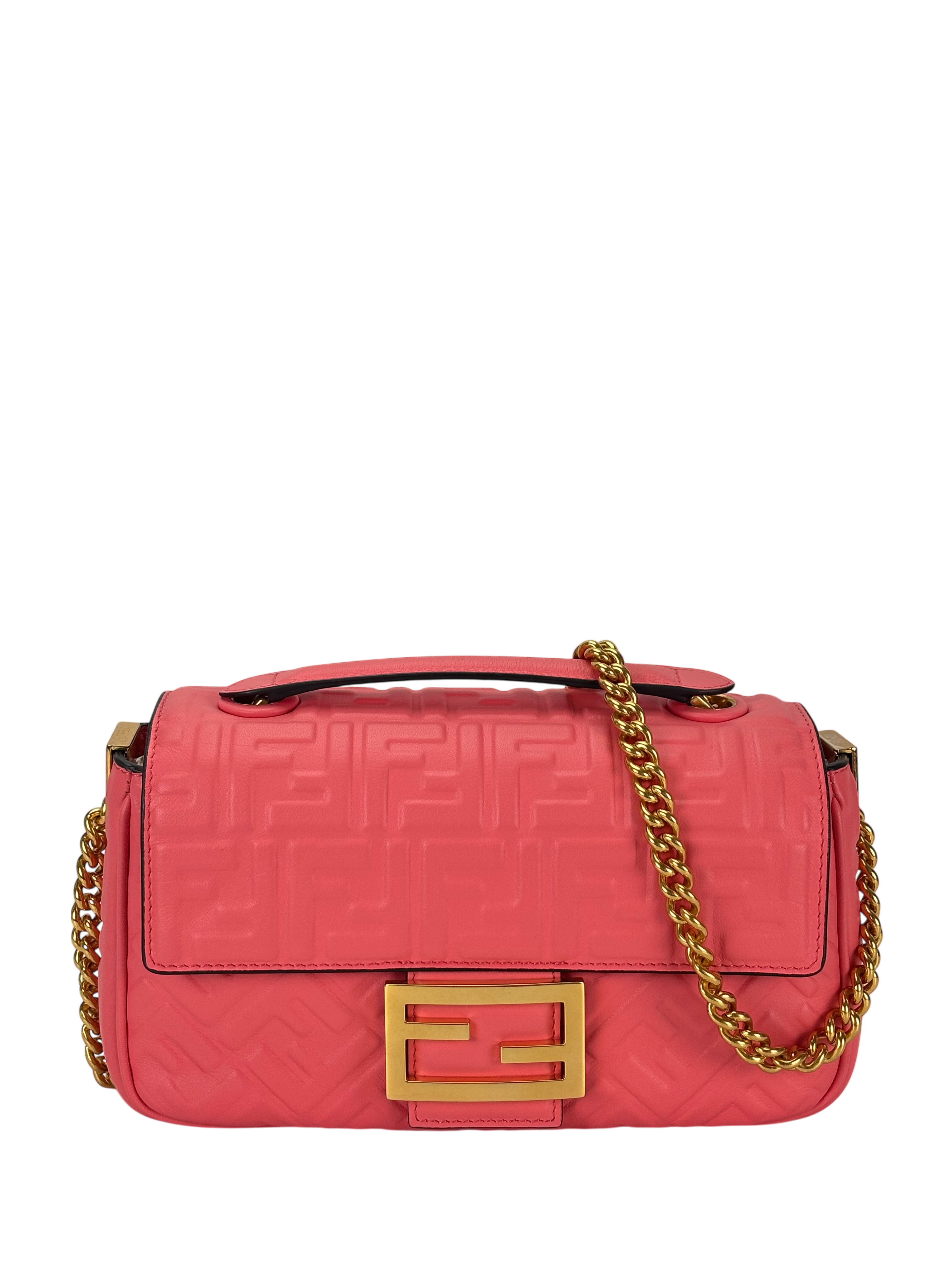 GUCCI -  Pink Leather Nappa Small FF Embossed Midi Chain Baguette 