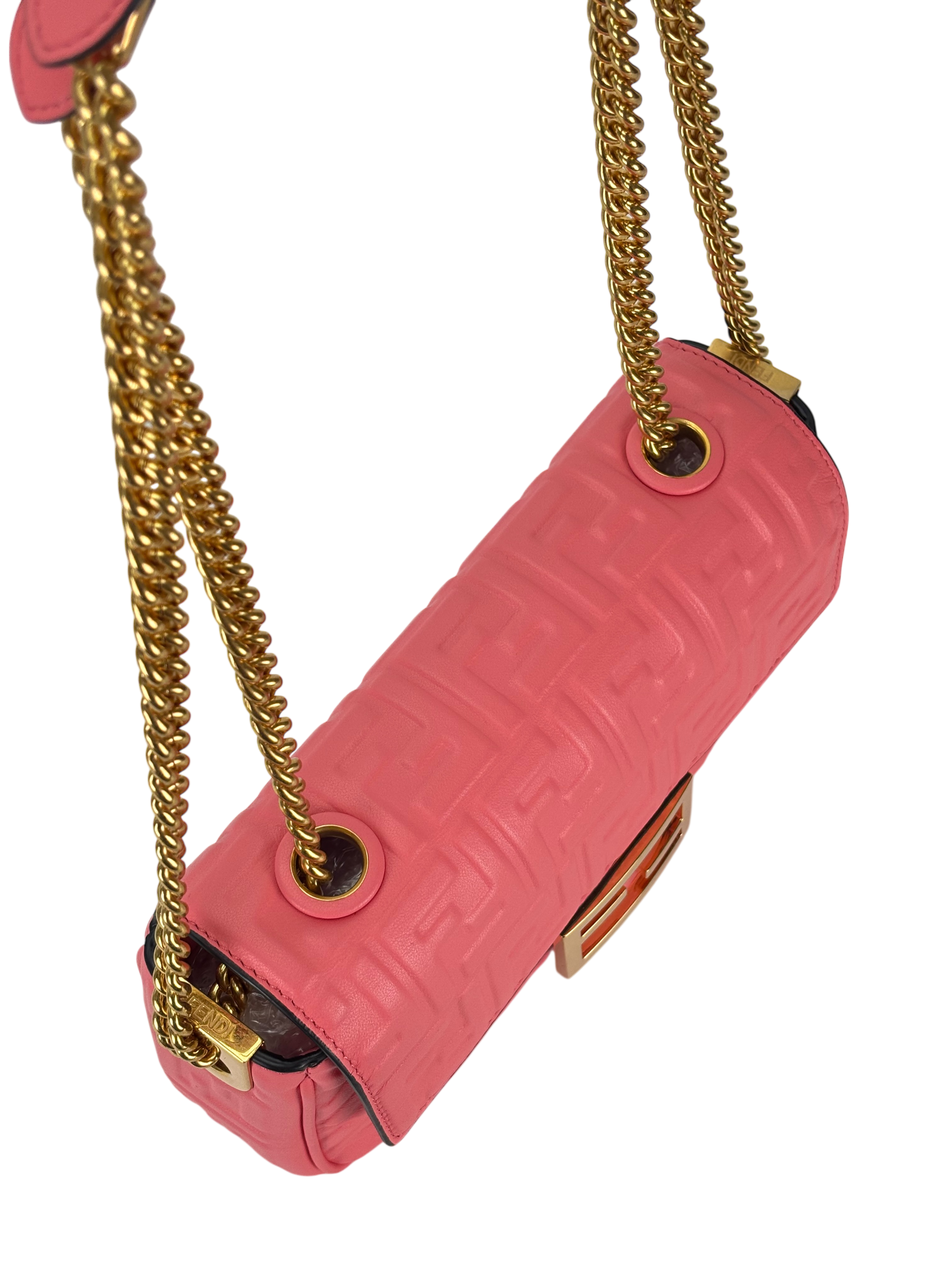 GUCCI -  Pink Leather Nappa Small FF Embossed Midi Chain Baguette 