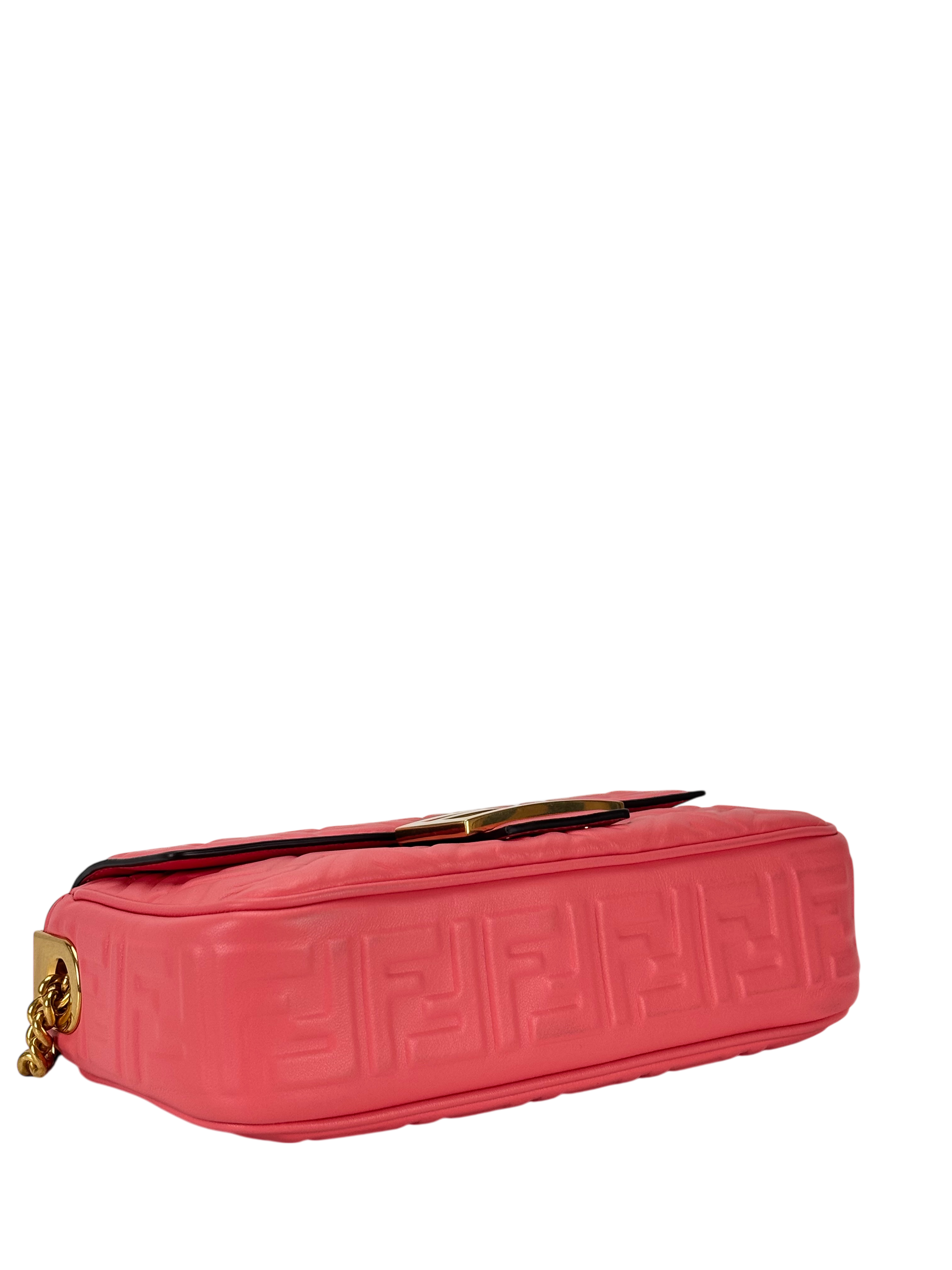 GUCCI -  Pink Leather Nappa Small FF Embossed Midi Chain Baguette 