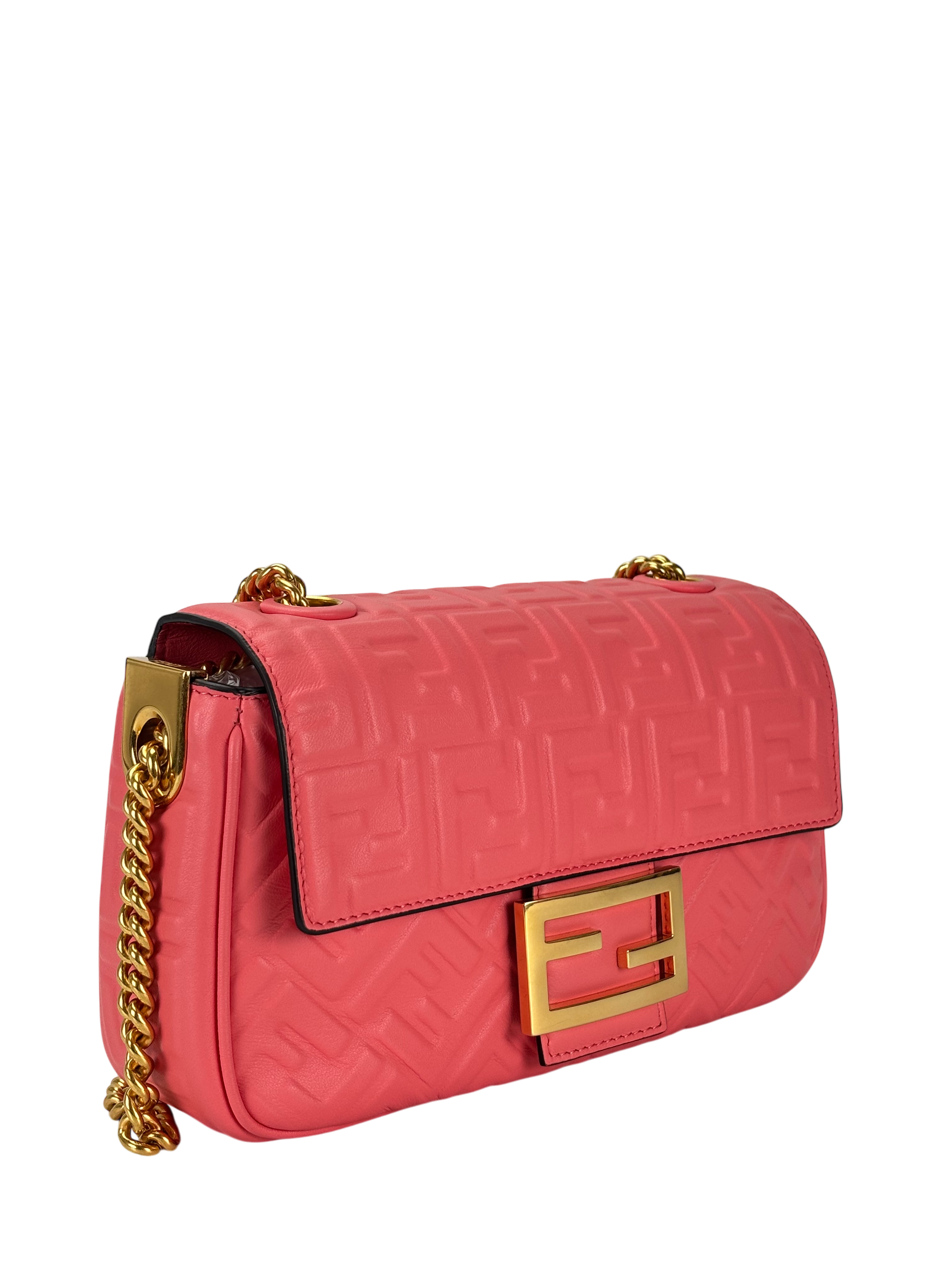 GUCCI -  Pink Leather Nappa Small FF Embossed Midi Chain Baguette 