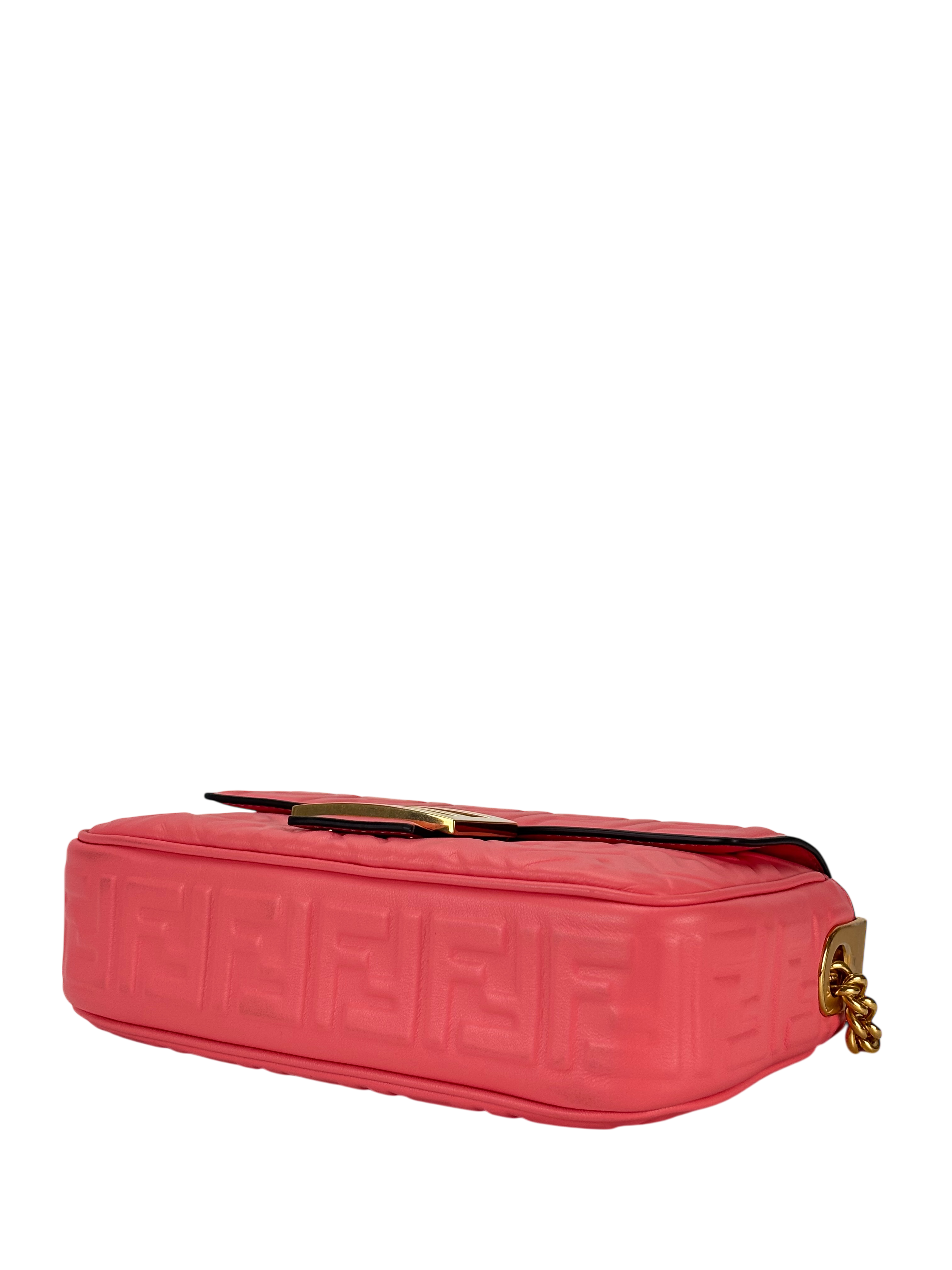 GUCCI -  Pink Leather Nappa Small FF Embossed Midi Chain Baguette 