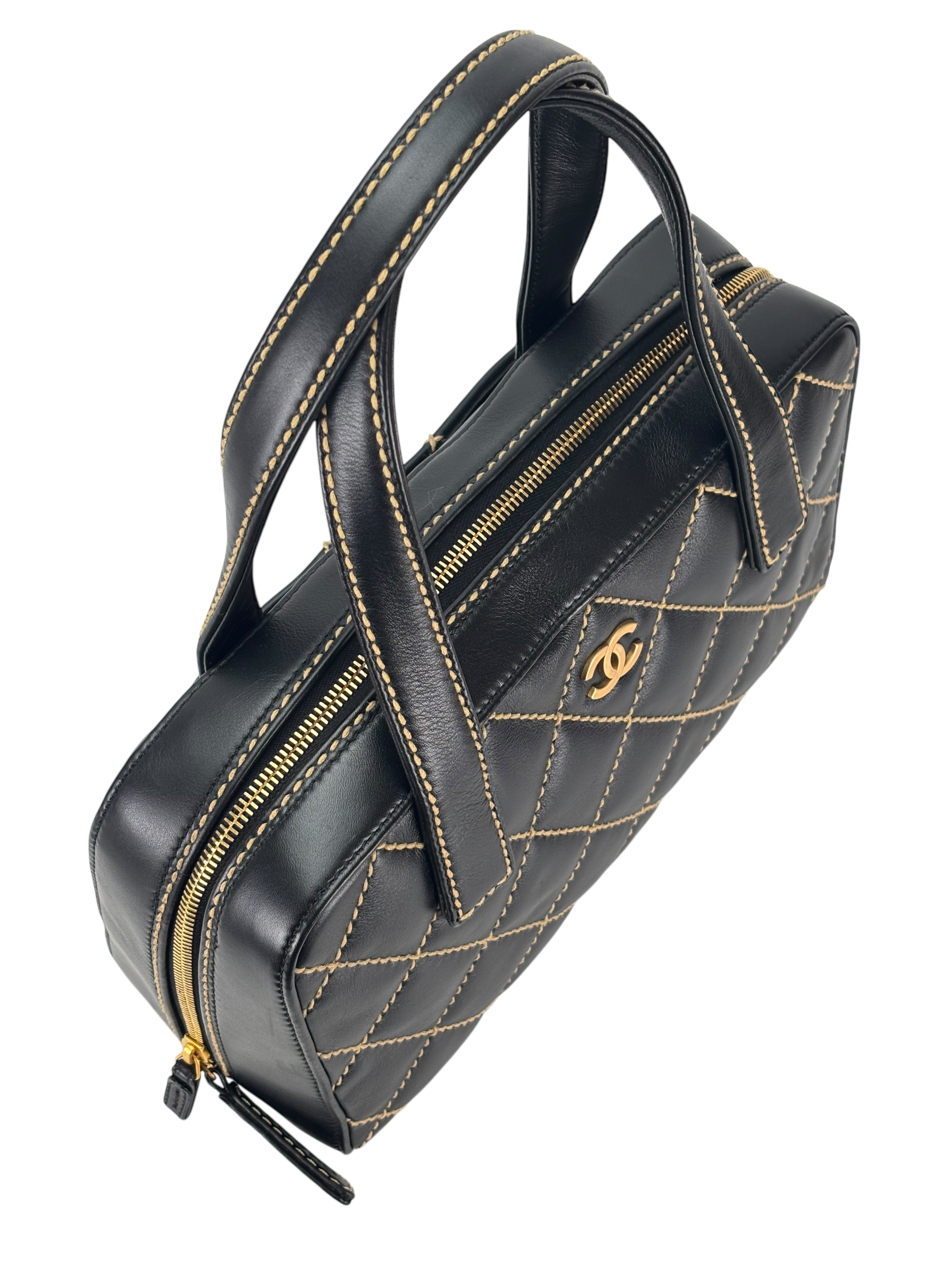 CHANEL - Black Calfskin Coco Mark Wild Stitch Matelasse Tote Bag 