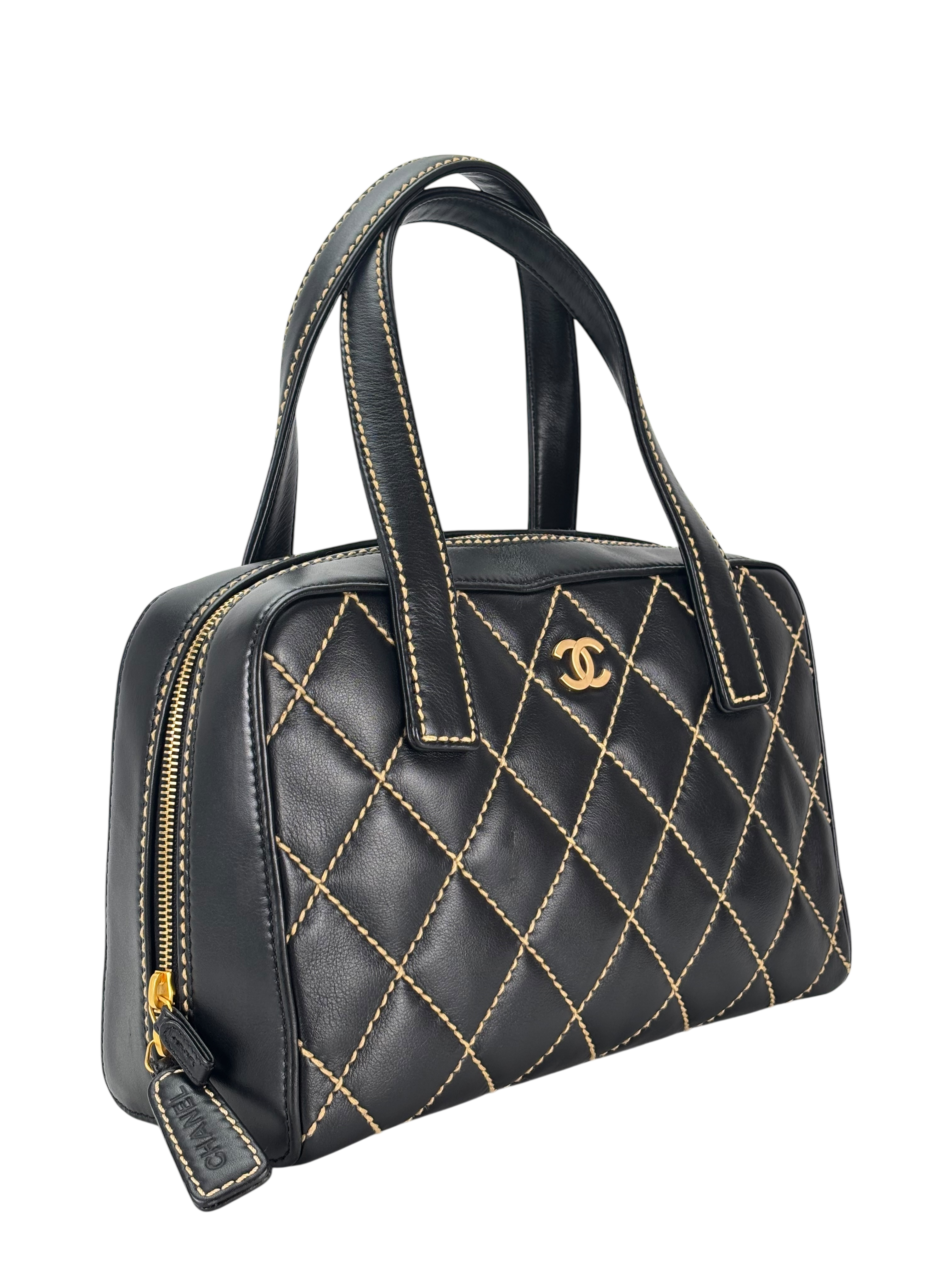 CHANEL - Black Calfskin Coco Mark Wild Stitch Matelasse Tote Bag 