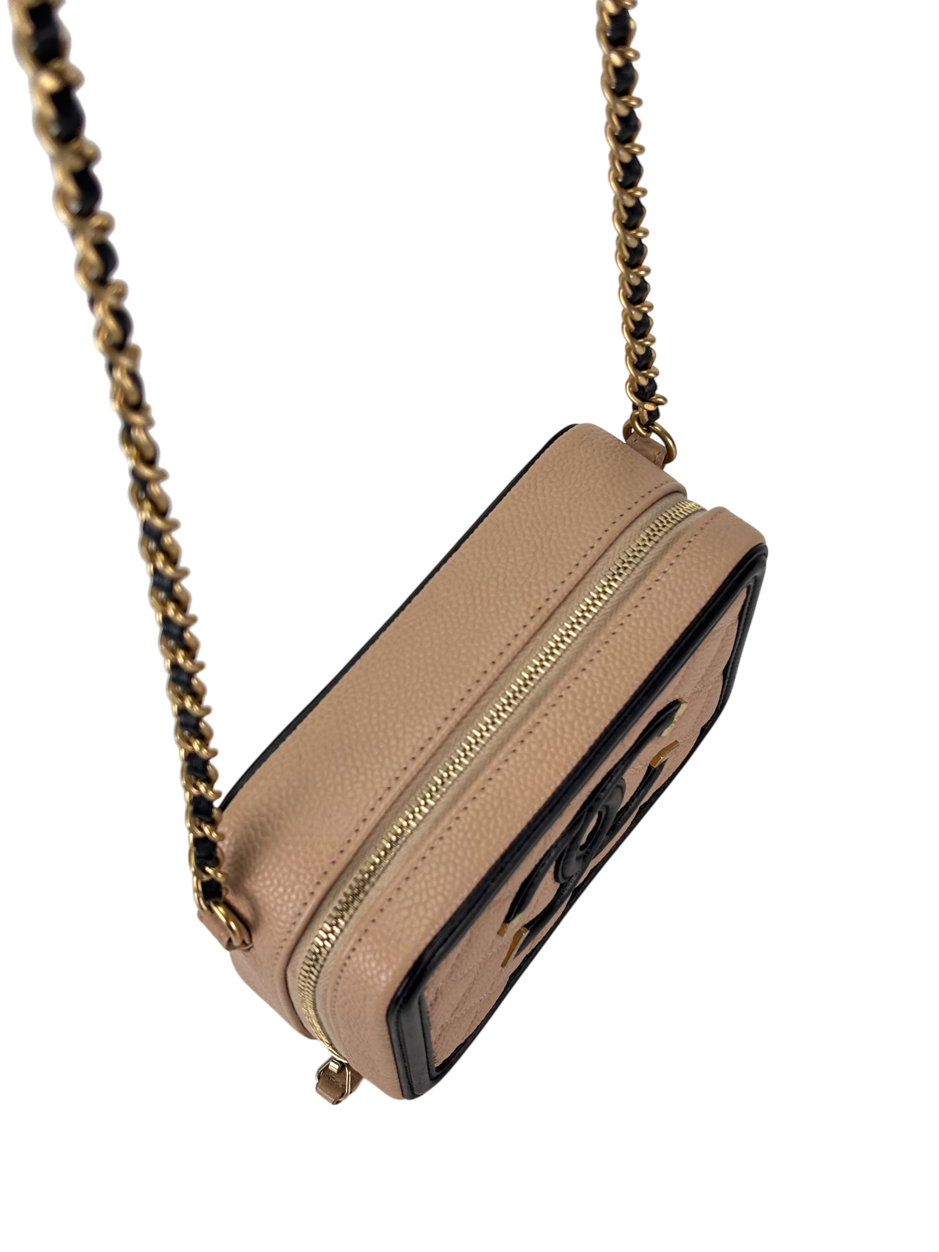 CHANEL - Small Caviar Quilted CC Filigree Vanity Case Beige Black