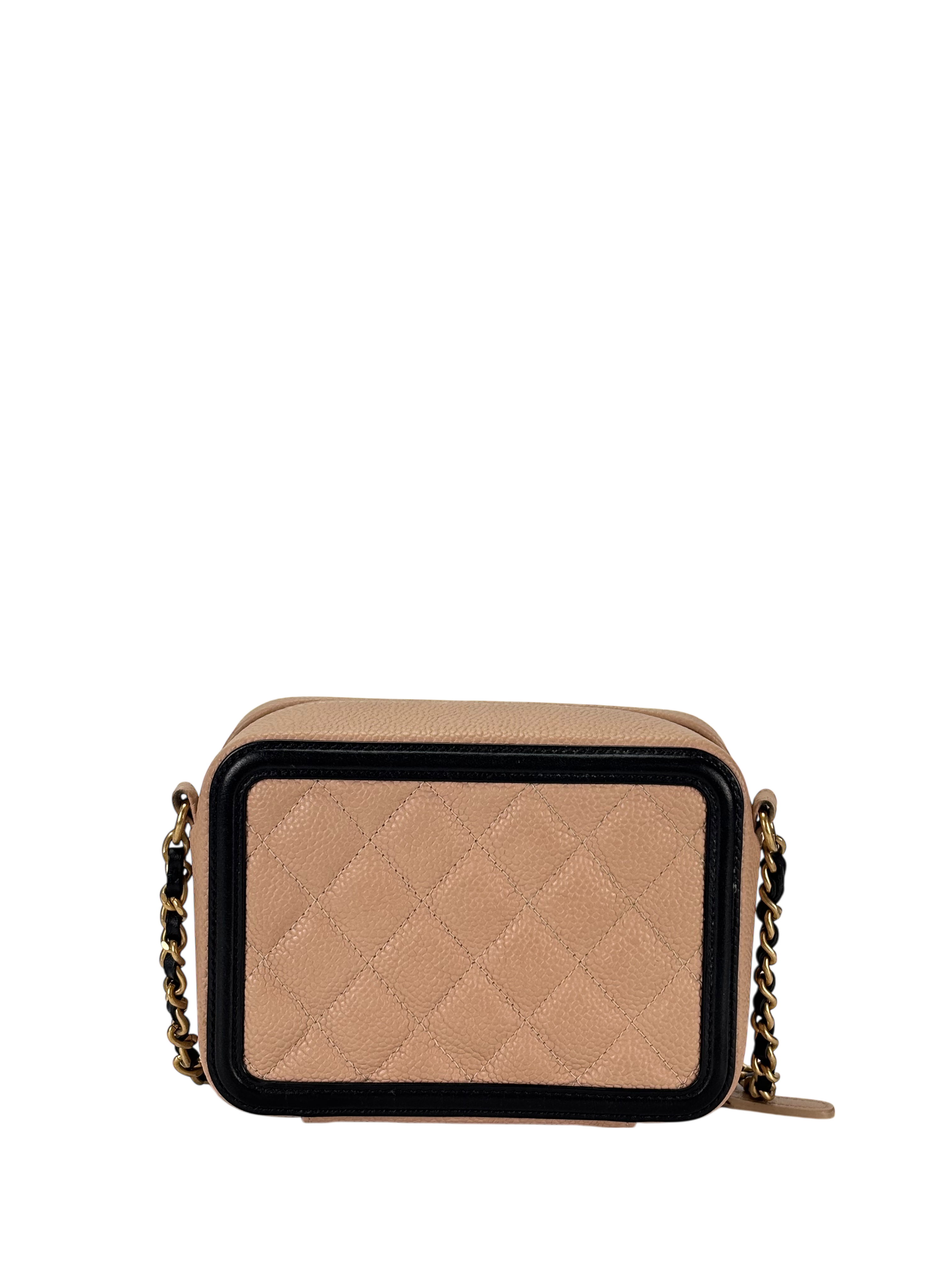 CHANEL - Small Caviar Quilted CC Filigree Vanity Case Beige Black