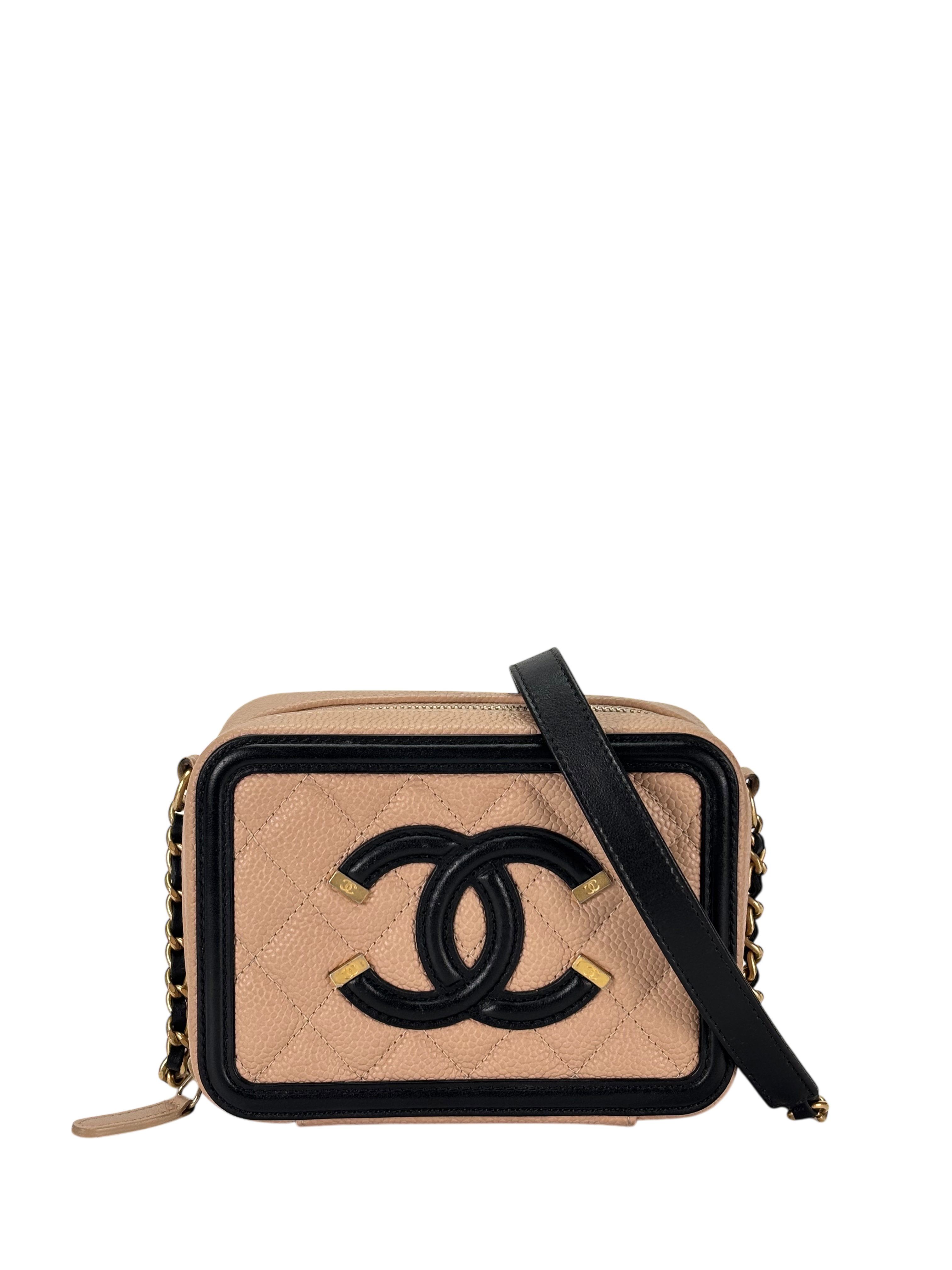 CHANEL - Small Caviar Quilted CC Filigree Vanity Case Beige Black