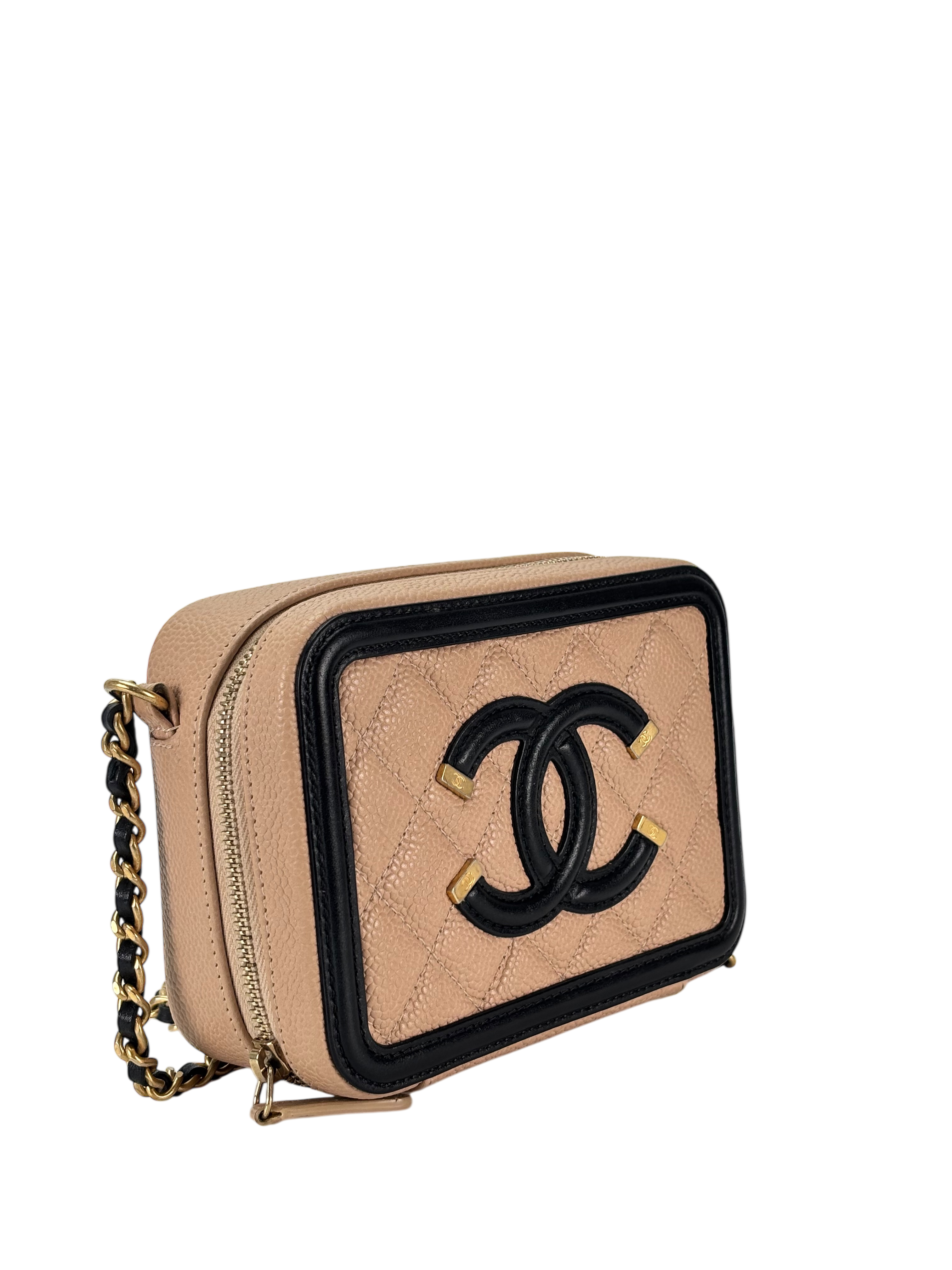 CHANEL - Small Caviar Quilted CC Filigree Vanity Case Beige Black
