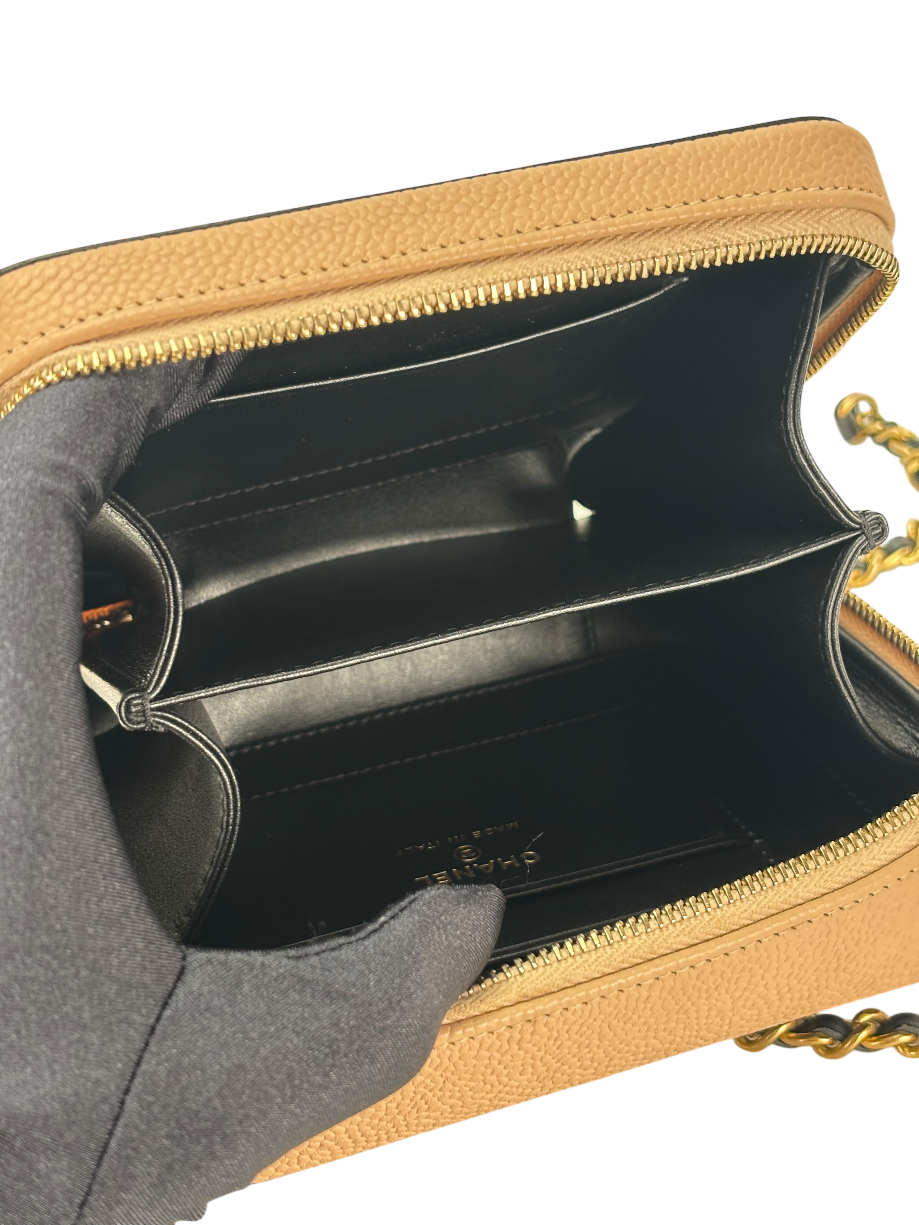 CHANEL - Small Caviar Quilted CC Filigree Vanity Case Beige Black