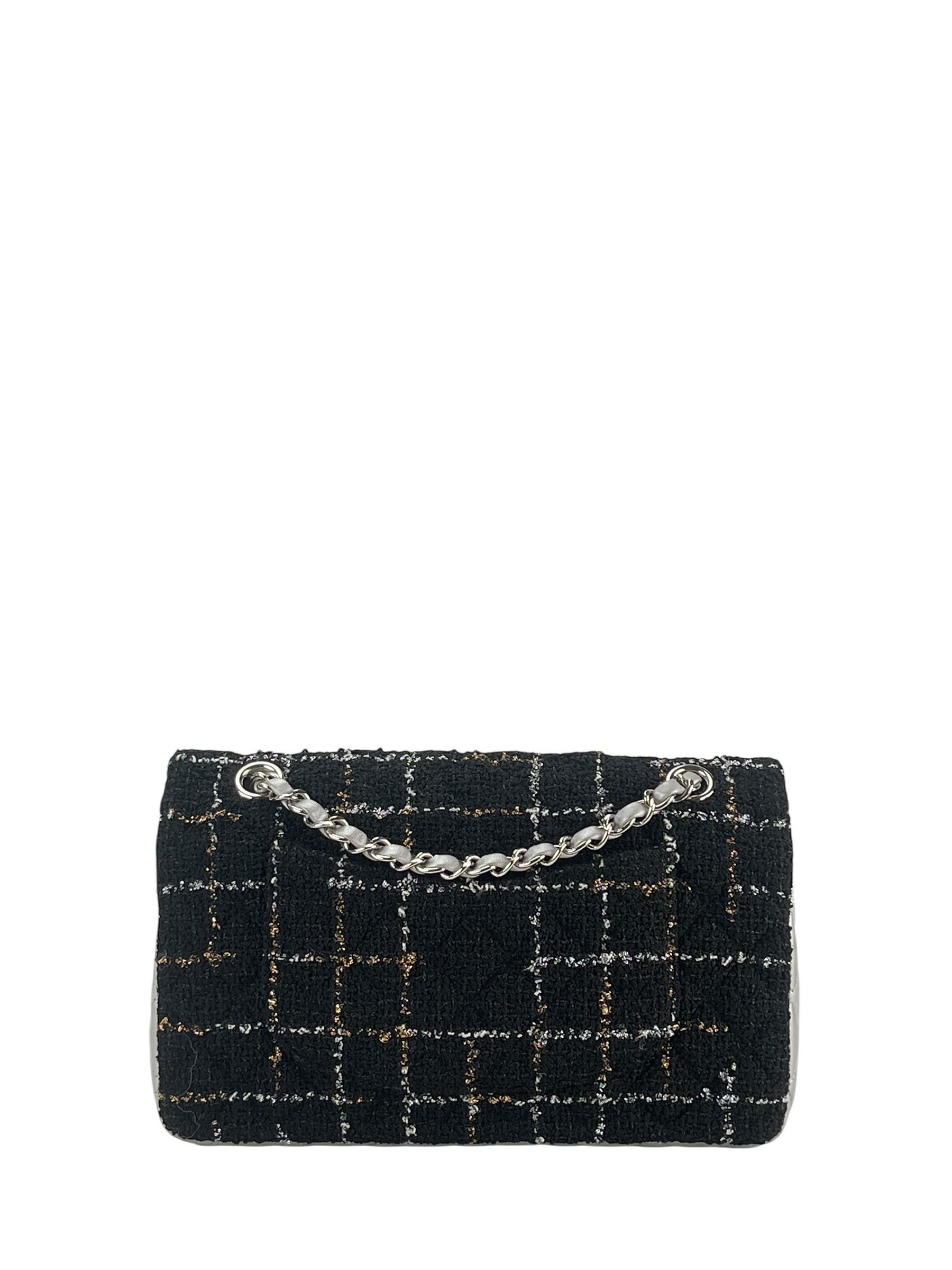 CHANEL - Tweed Leather Coco Mark Double Flap Double Chain Shoulder Bag Black Silver  