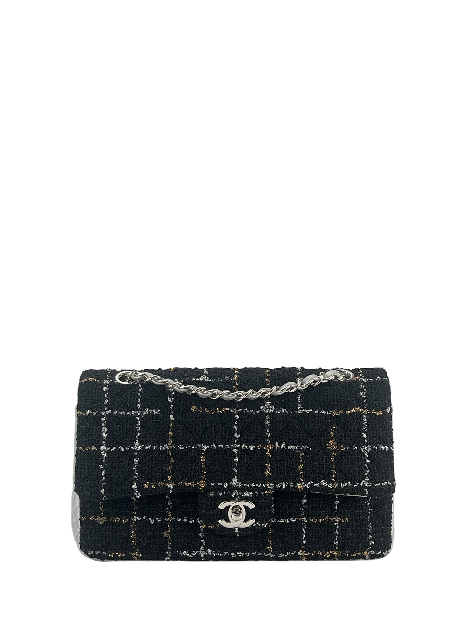 CHANEL - Tweed Leather Coco Mark Double Flap Double Chain Shoulder Bag Black Silver  