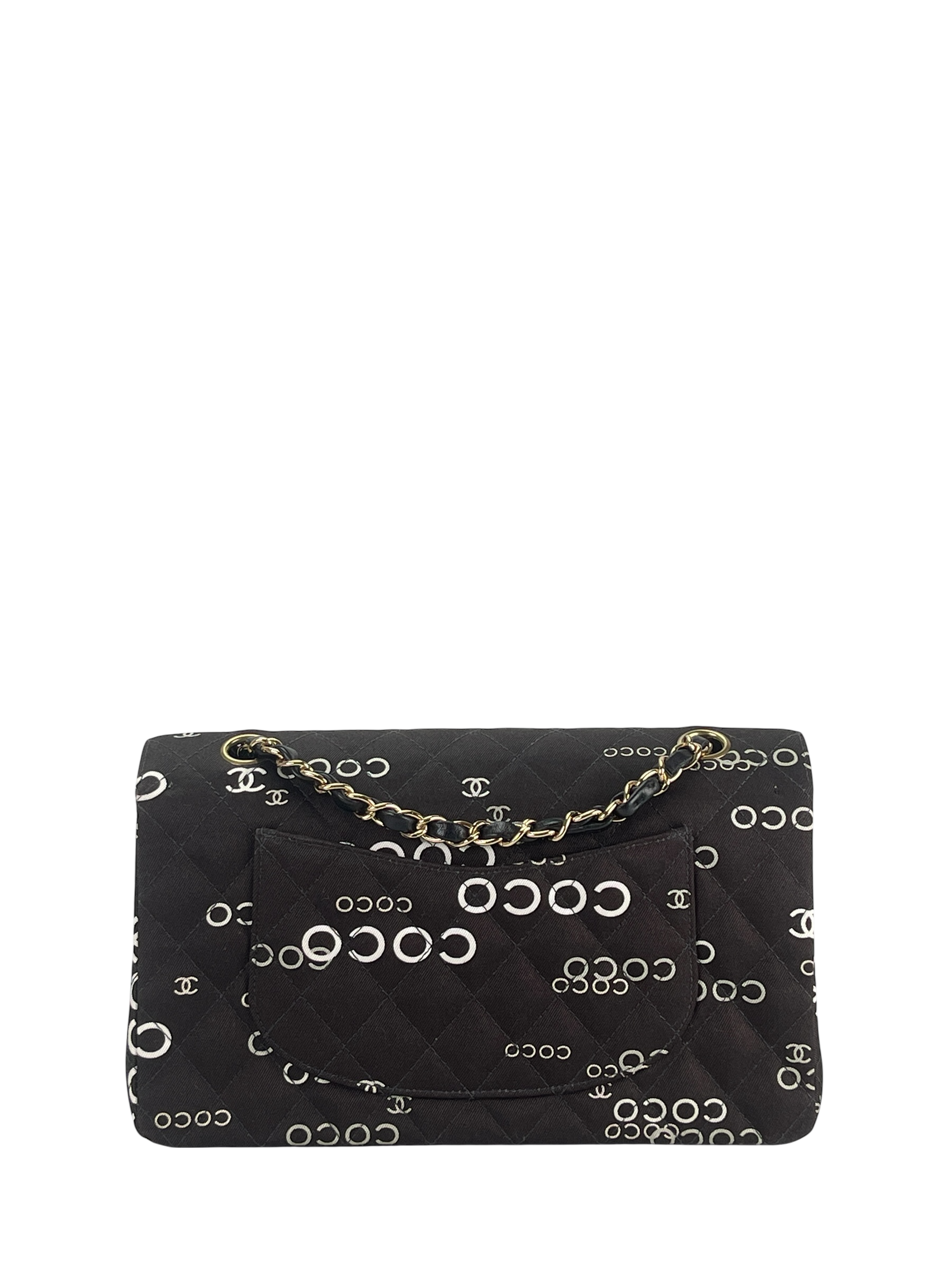 CHANEL - Black Canvas COCO Medium Classic Double Flap Shoulder Bag