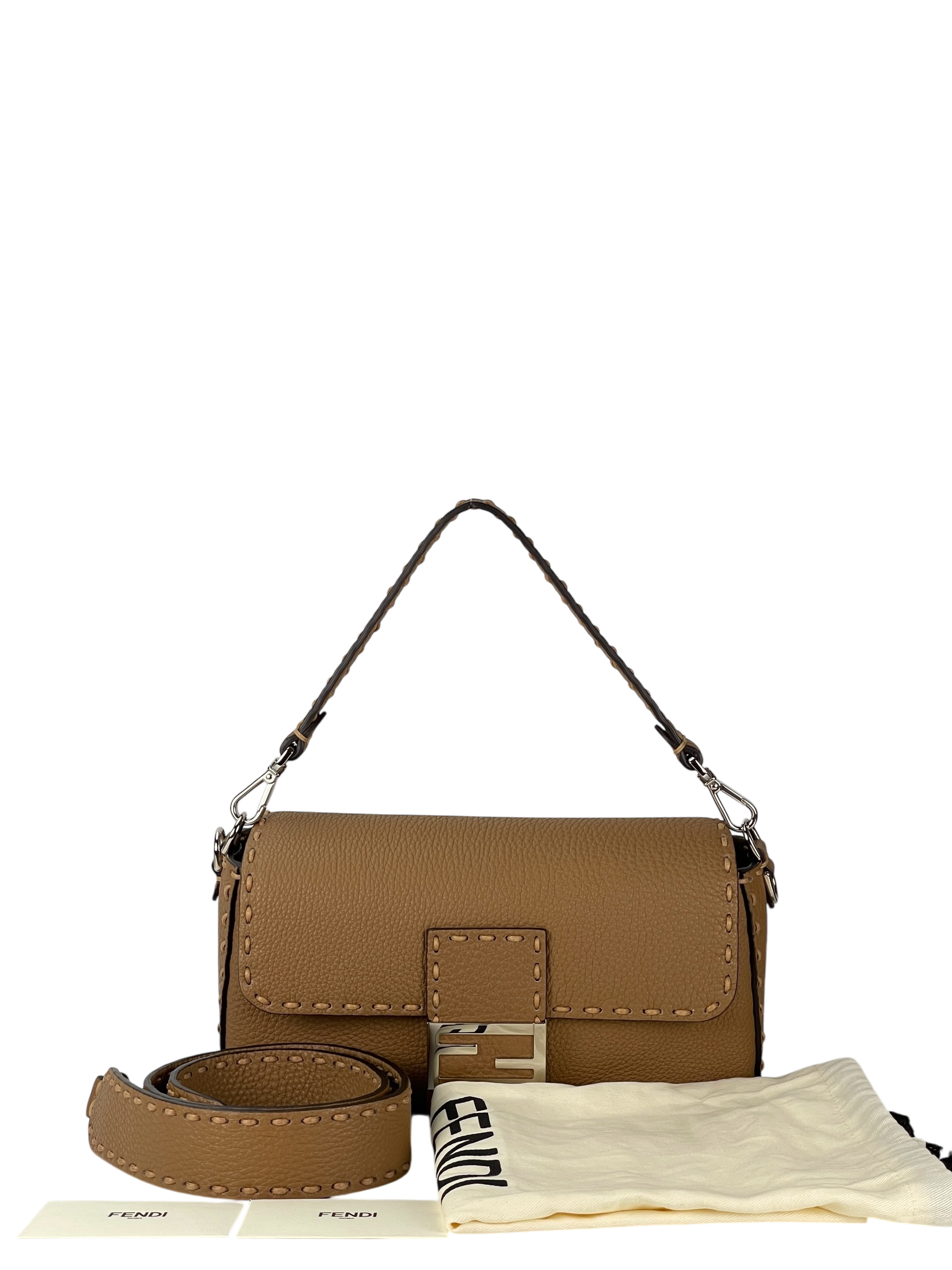 FENDI - Beige Calfskin Bucket Selleria Baguette Shoulder Bag