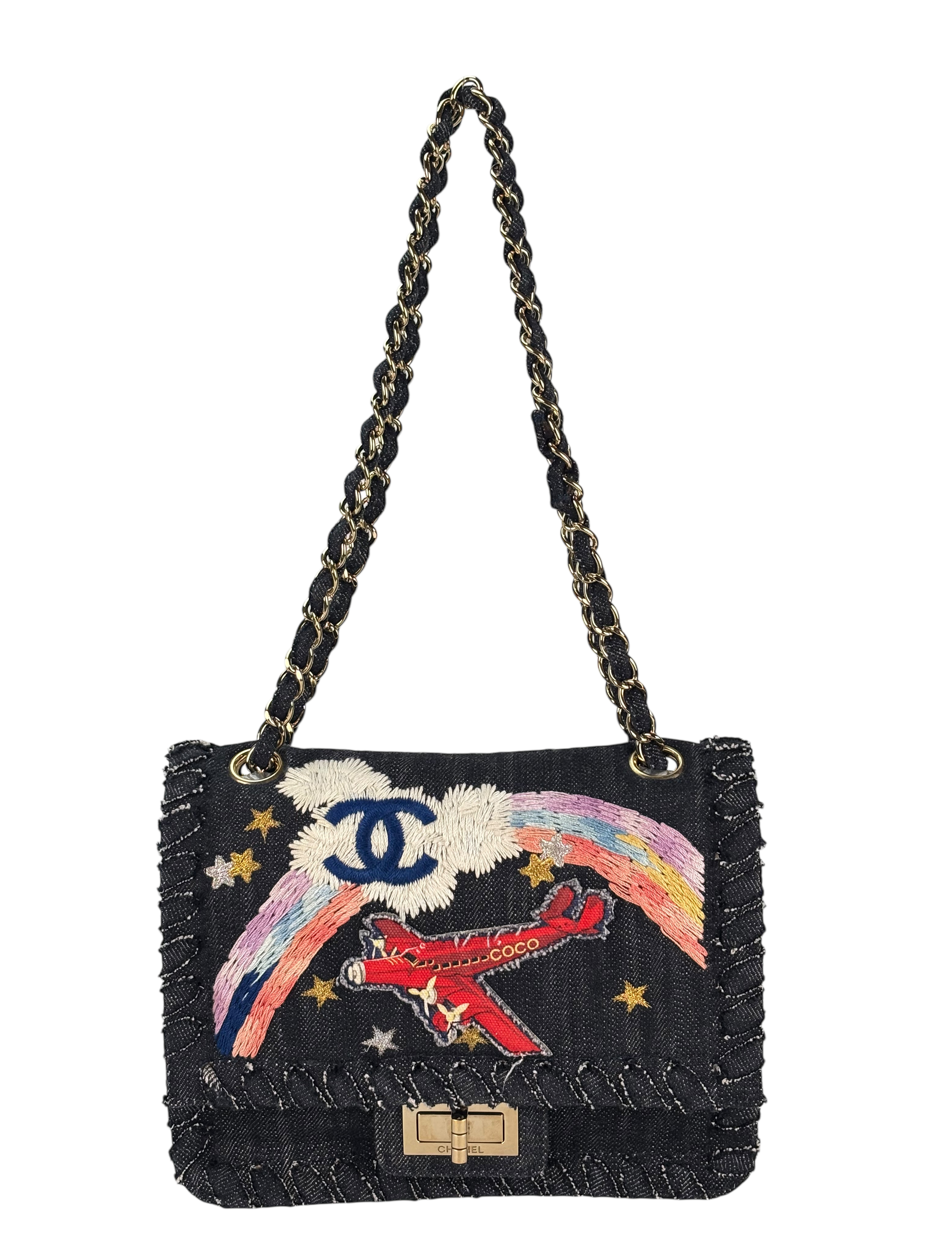 CHANEL - Night Flight Denim Embroidered Reissue Flap Navy