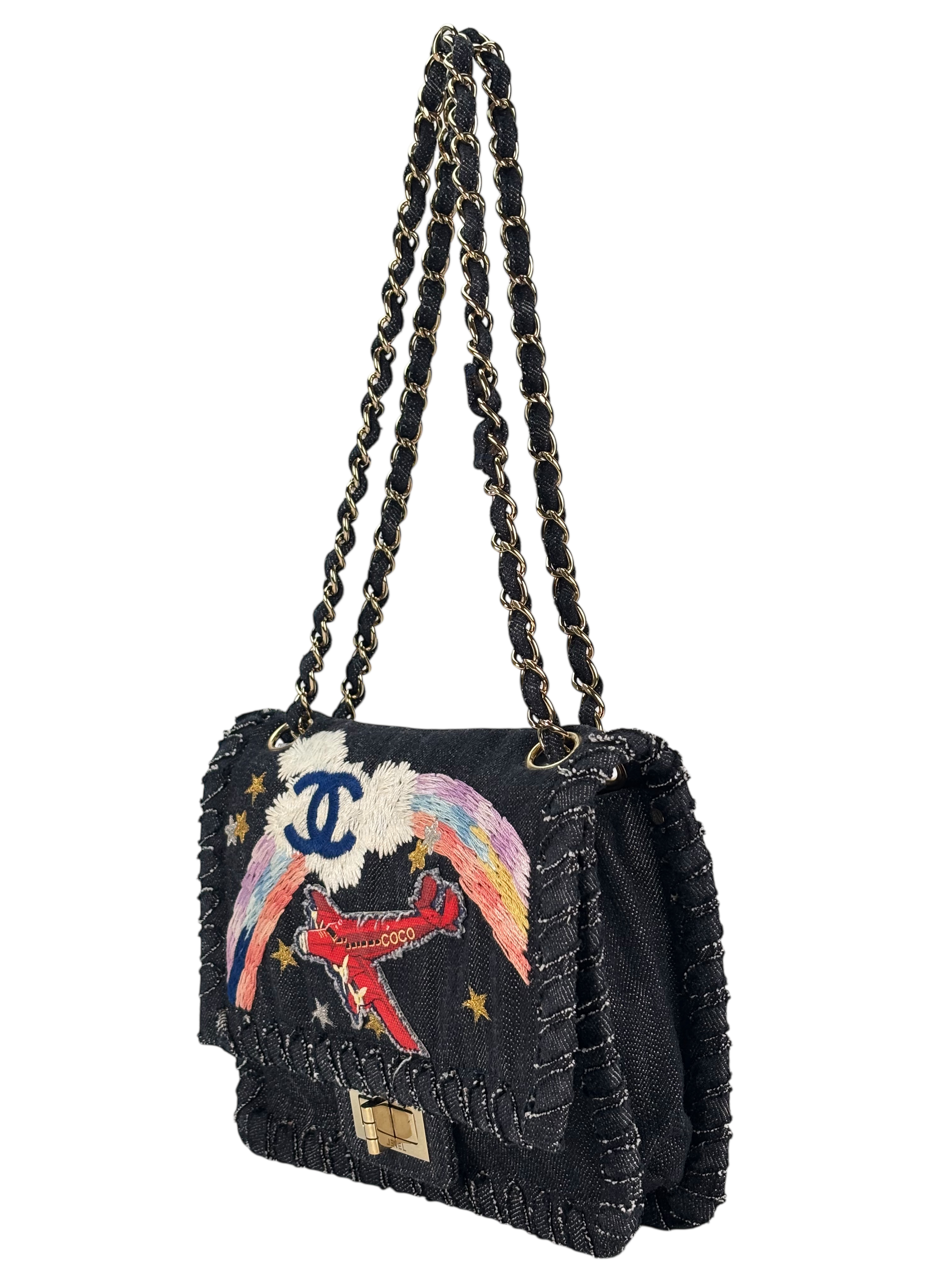 CHANEL - Night Flight Denim Embroidered Reissue Flap Navy