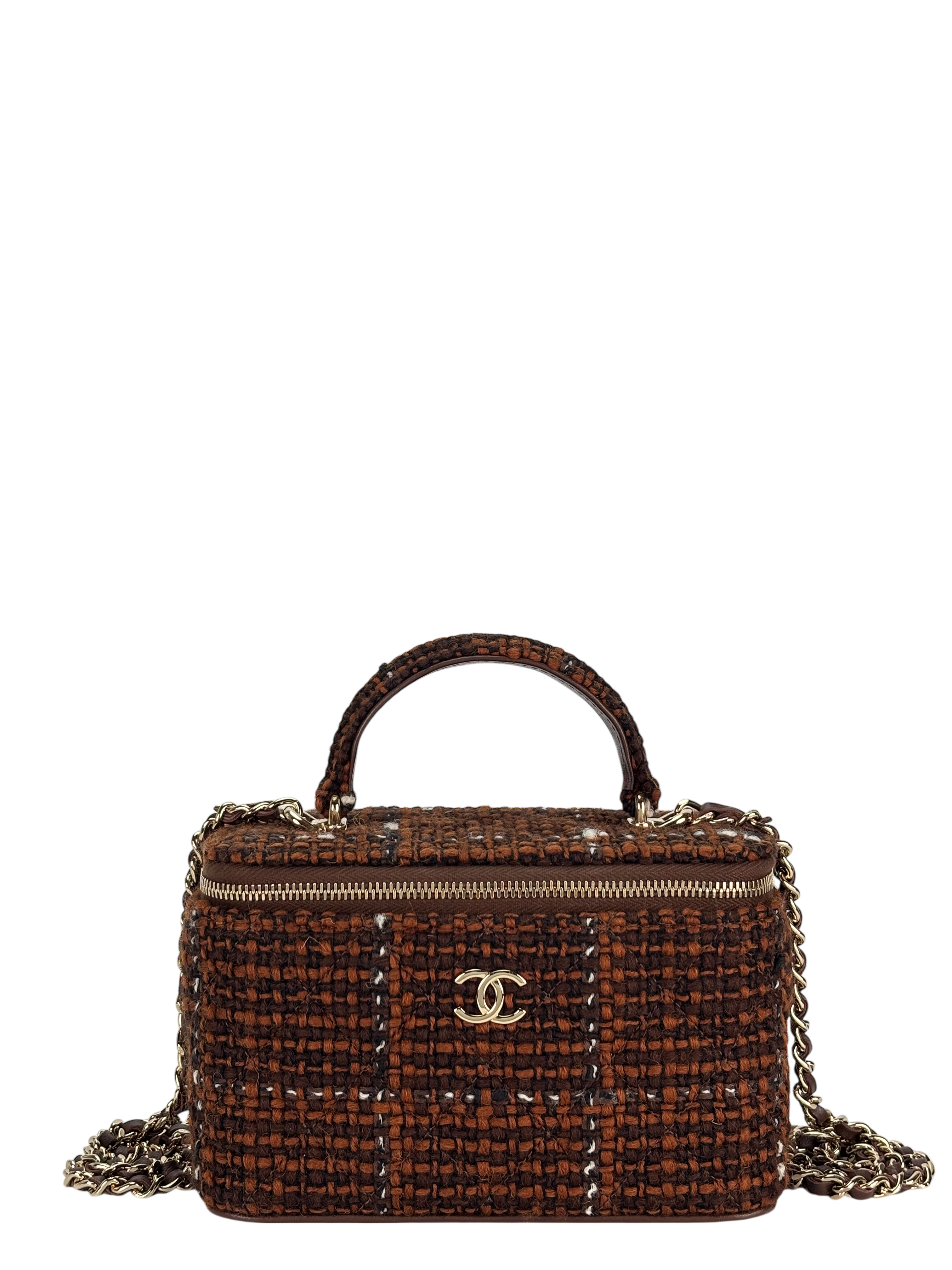 CHANEL - Small Top Handle Vanity Case With Chain Tweed Brown 