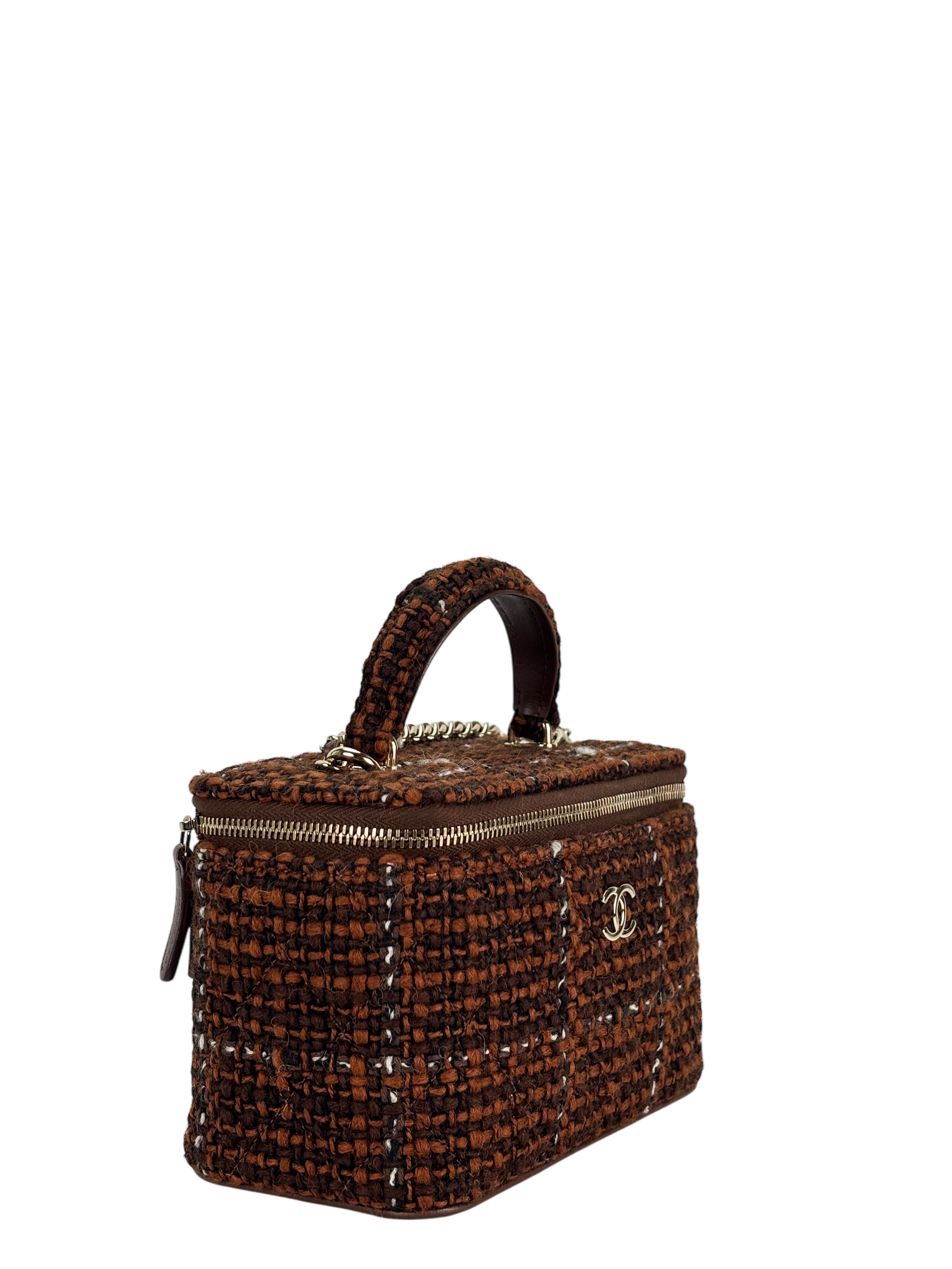 CHANEL - Small Top Handle Vanity Case With Chain Tweed Brown 