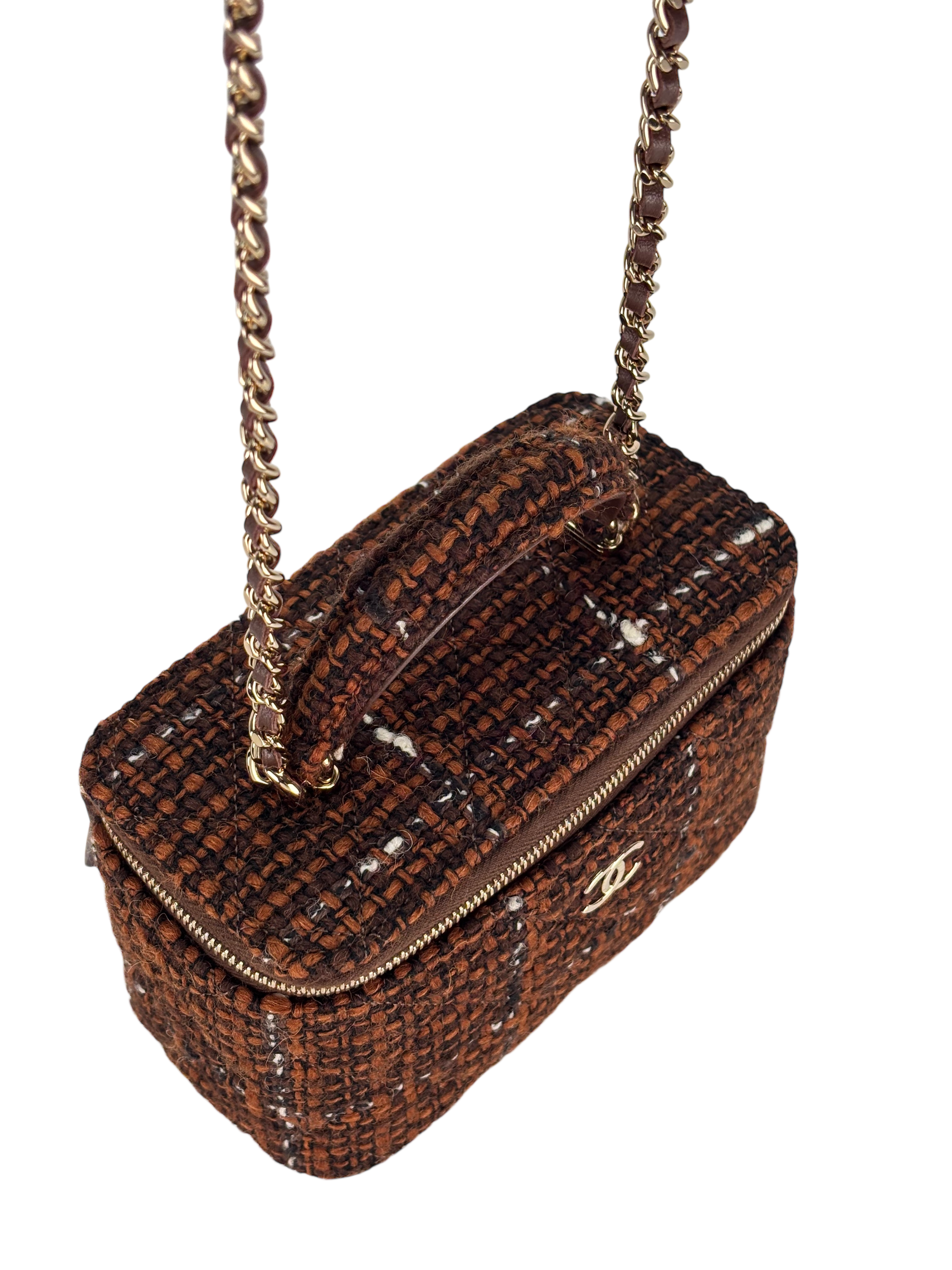 CHANEL - Small Top Handle Vanity Case With Chain Tweed Brown 