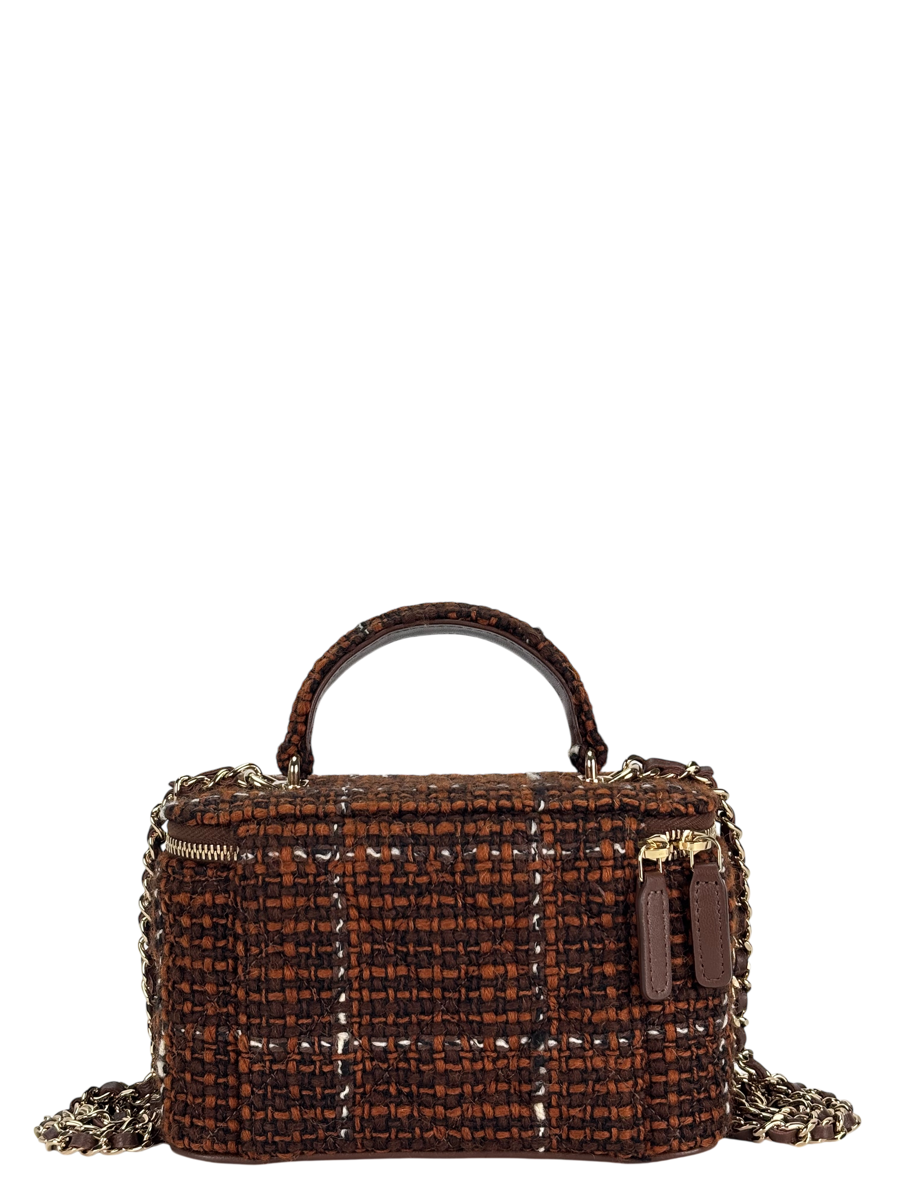 CHANEL - Brown Tweed Top Handle Vanity Case Chain Bag – Camellia